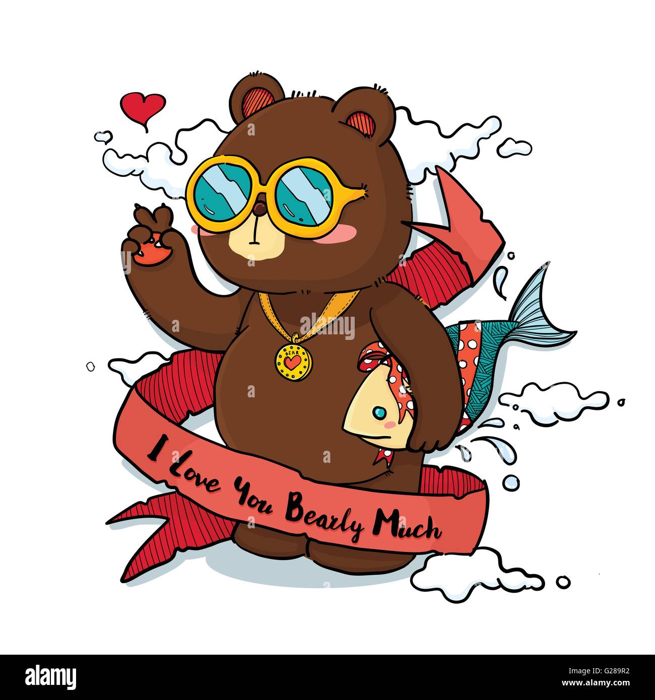 Ilustración vectorial de lindo tener la celebración de pescado como don personaje de dibujos animados con I love you Bearly mucho Ribbon de tarjeta de felicitación Ilustración del Vector