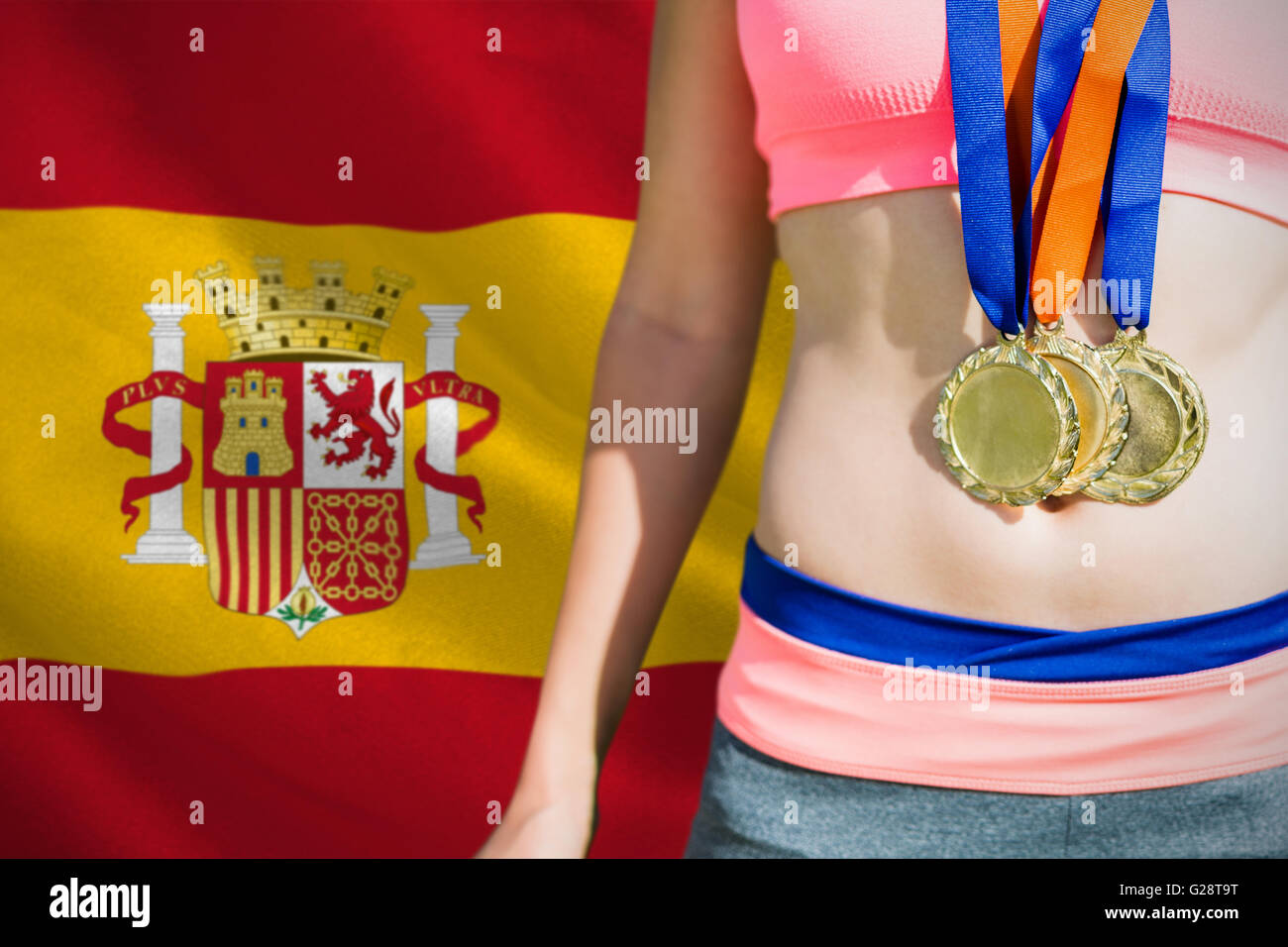 Imagen compuesta de cerca de sportswoman pecho con medallas Foto de stock