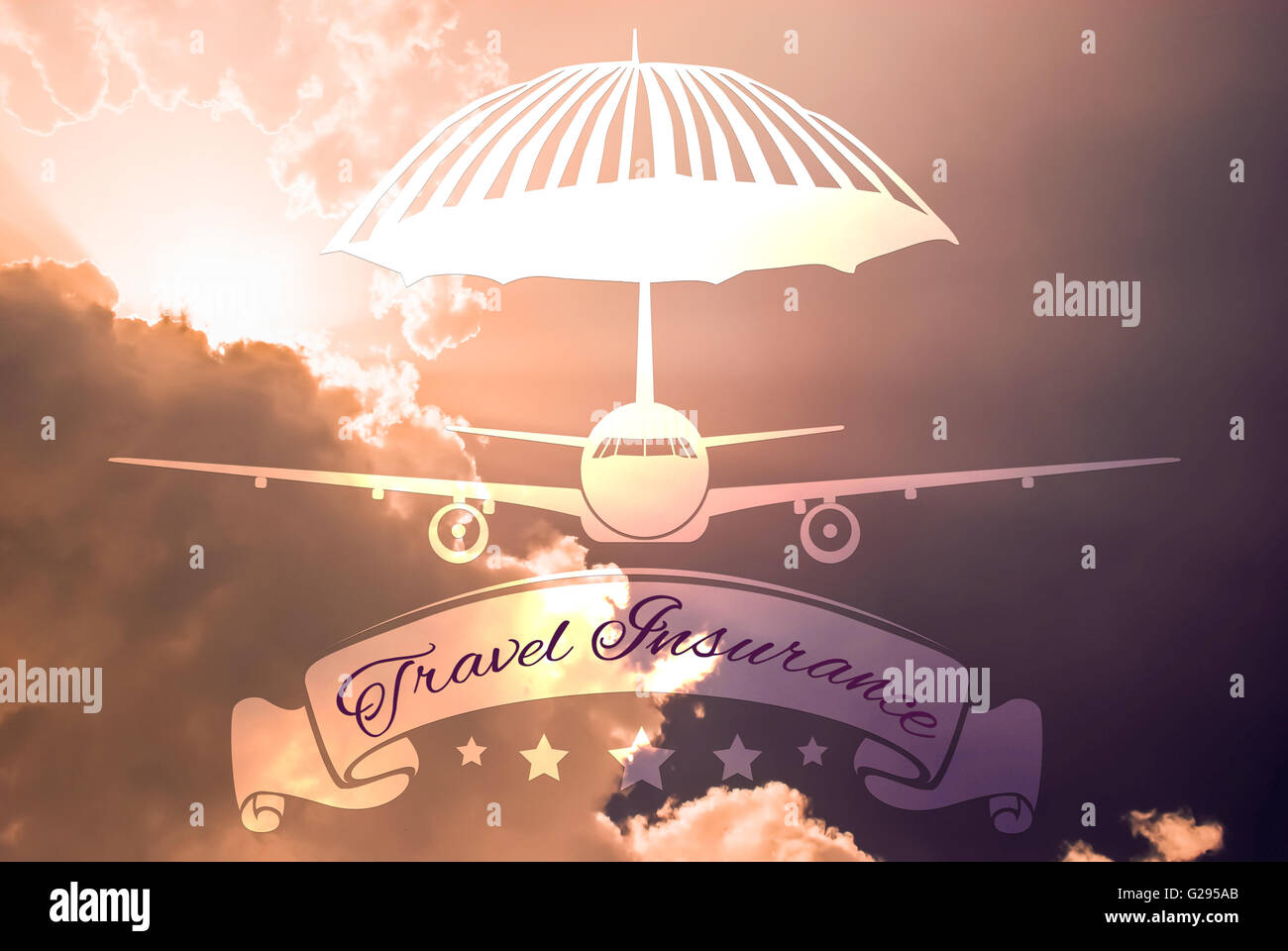 Concepto de seguros de viaje en avión y el paraguas protector forma de  fondo del cielo Fotografía de stock - Alamy
