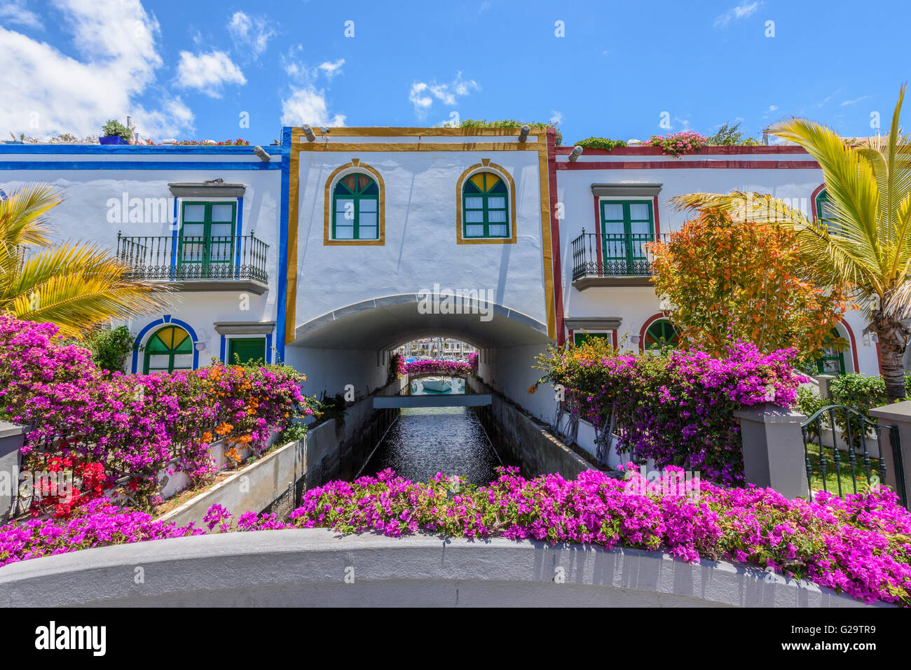 Hermosas flores de buganvillas moradas adornan la fachada de una casa en el  puerto de Mogan en Gran Canaria Fotografía de stock - Alamy