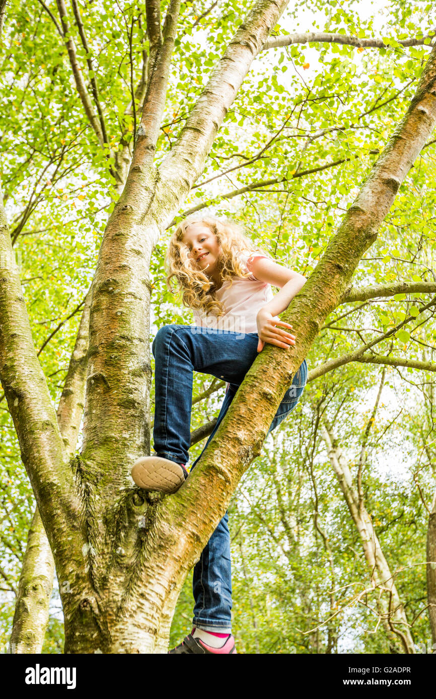 Chica (8-9) árbol de escalada Foto de stock