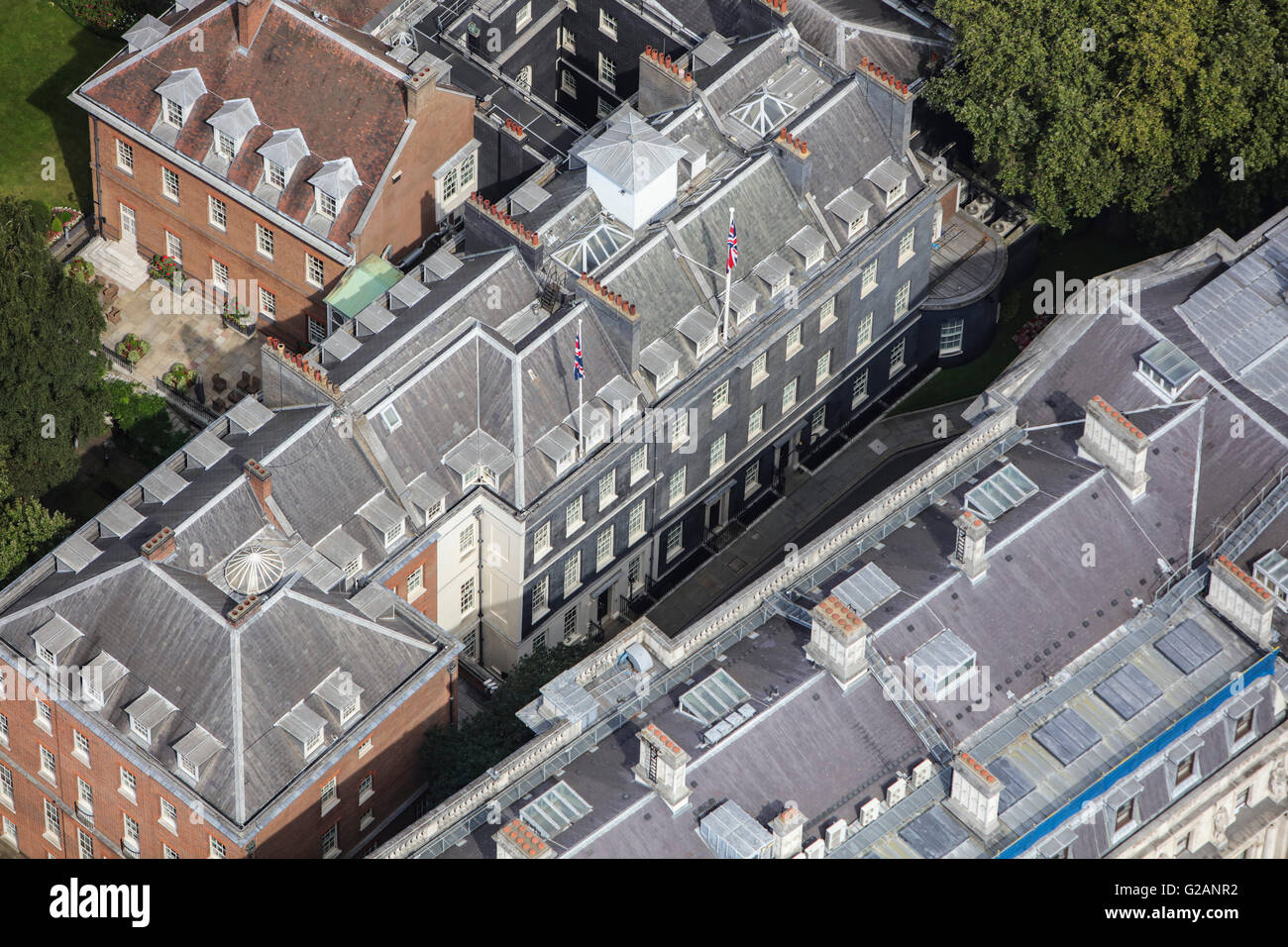 Una vista aérea de Downing Street en Whitehall, Londres Foto de stock