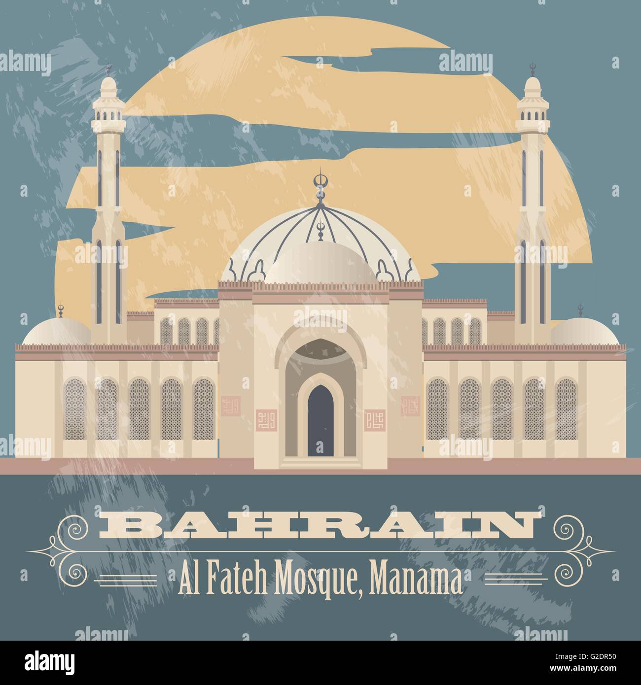 Bahrein monumentos. Imagen de estilo retro. La Mezquita Al Fateh. Ilustración vectorial Ilustración del Vector