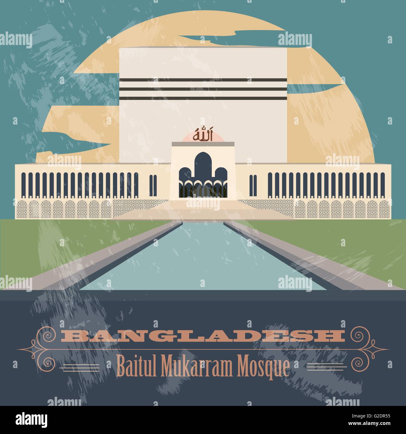 Monumentos de Bangladesh. Baitul Mukarram Mezquita. Imagen de estilo retro. Ilustración vectorial Ilustración del Vector