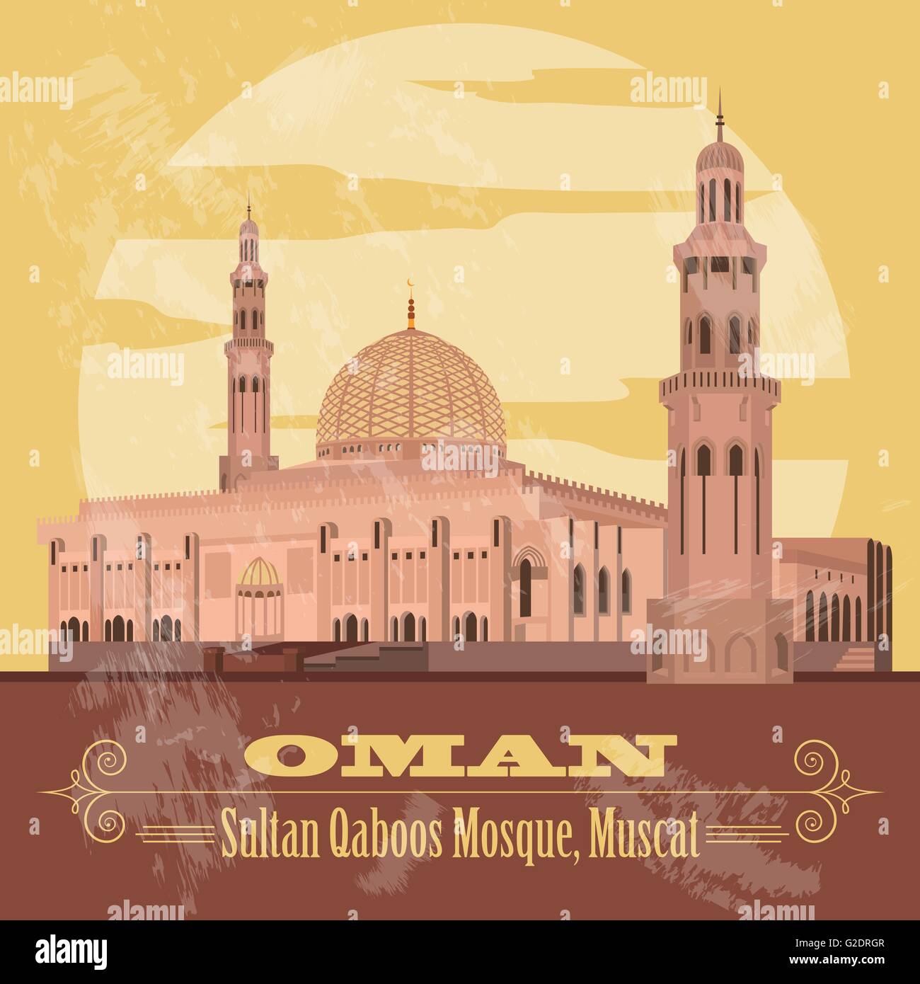 Sultanato de Omán monumentos. Imagen de estilo retro. Mezquita Sultan Qaboos en Muscat. Ilustración vectorial Ilustración del Vector