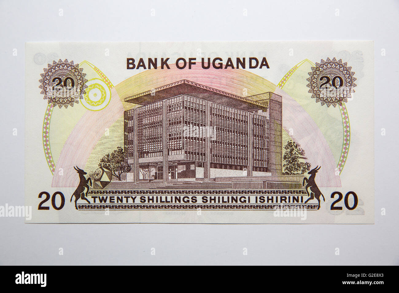 La parte posterior del chelín ugandés 20 nota con Idi Amin Foto de stock