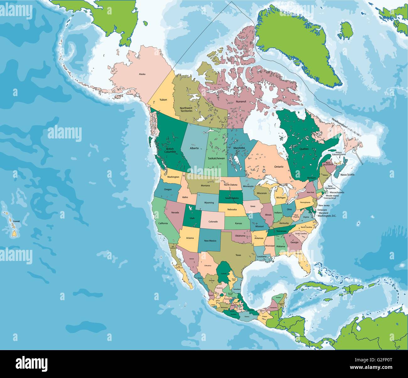 Mapa de América del Norte con Estados Unidos, Canadá y México Imagen Vector  de stock - Alamy