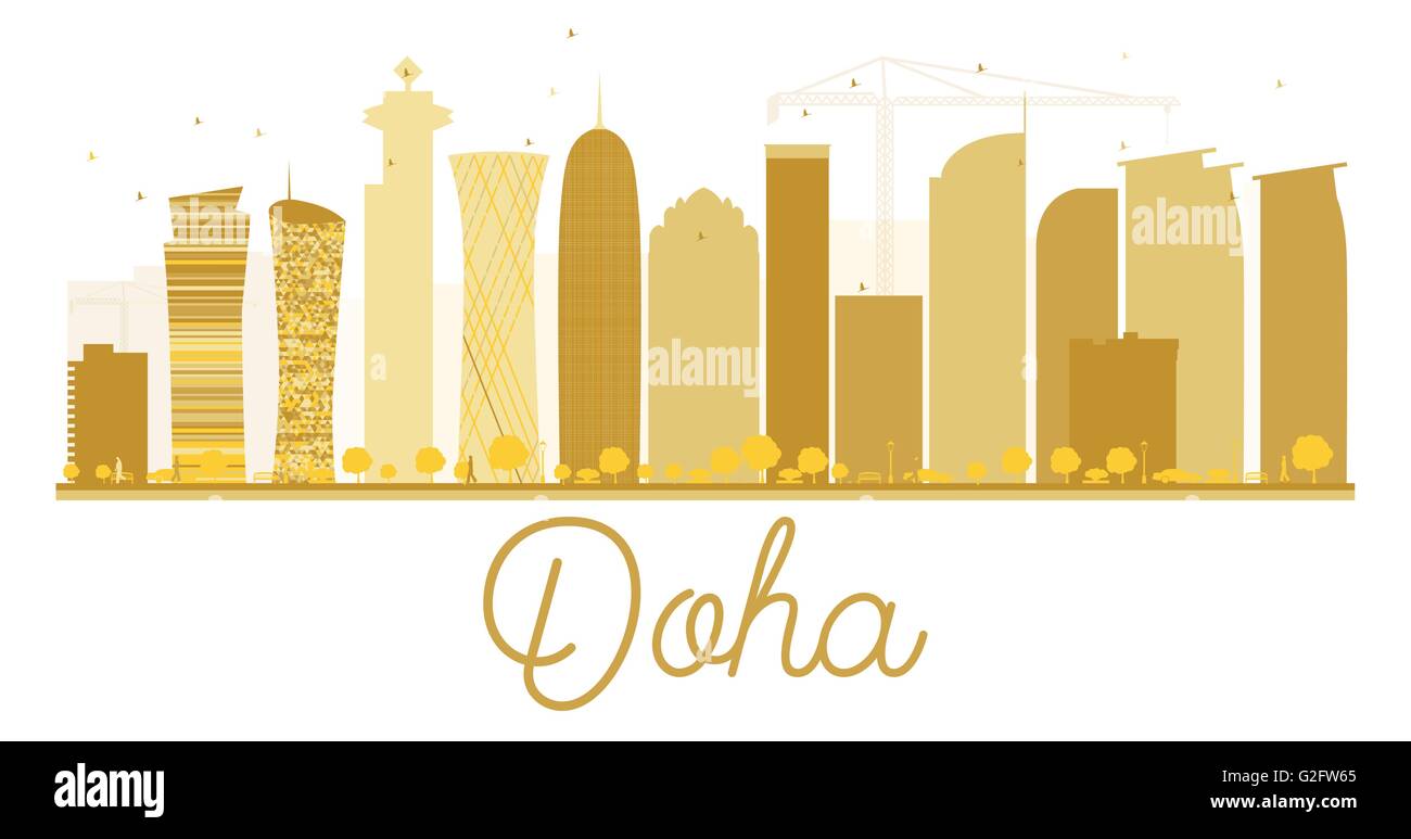 El horizonte de la ciudad de Doha silueta dorada. Ilustración vectorial. Plano simple concepto de turismo presentación, banner, pancarta o web Ilustración del Vector