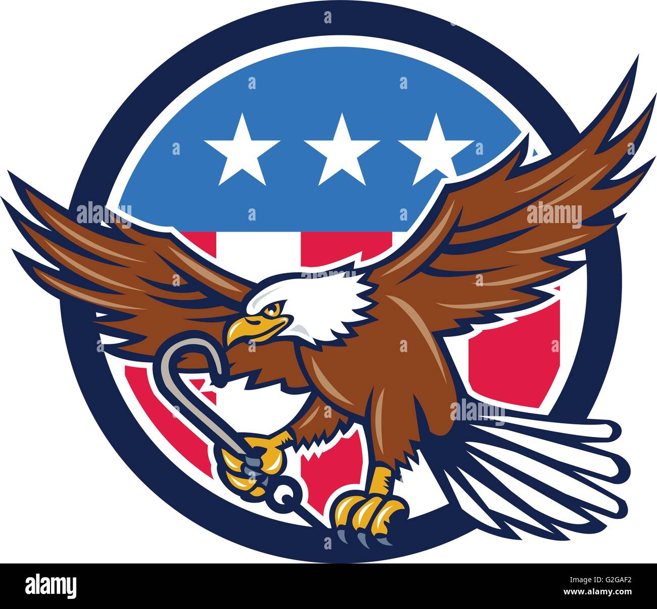 Ilustración de un águila calva americana agarrando el remolque j gancho con  su talon vistos de lado establecer dentro del círculo de estrellas de   Imagen Vector de stock - Alamy