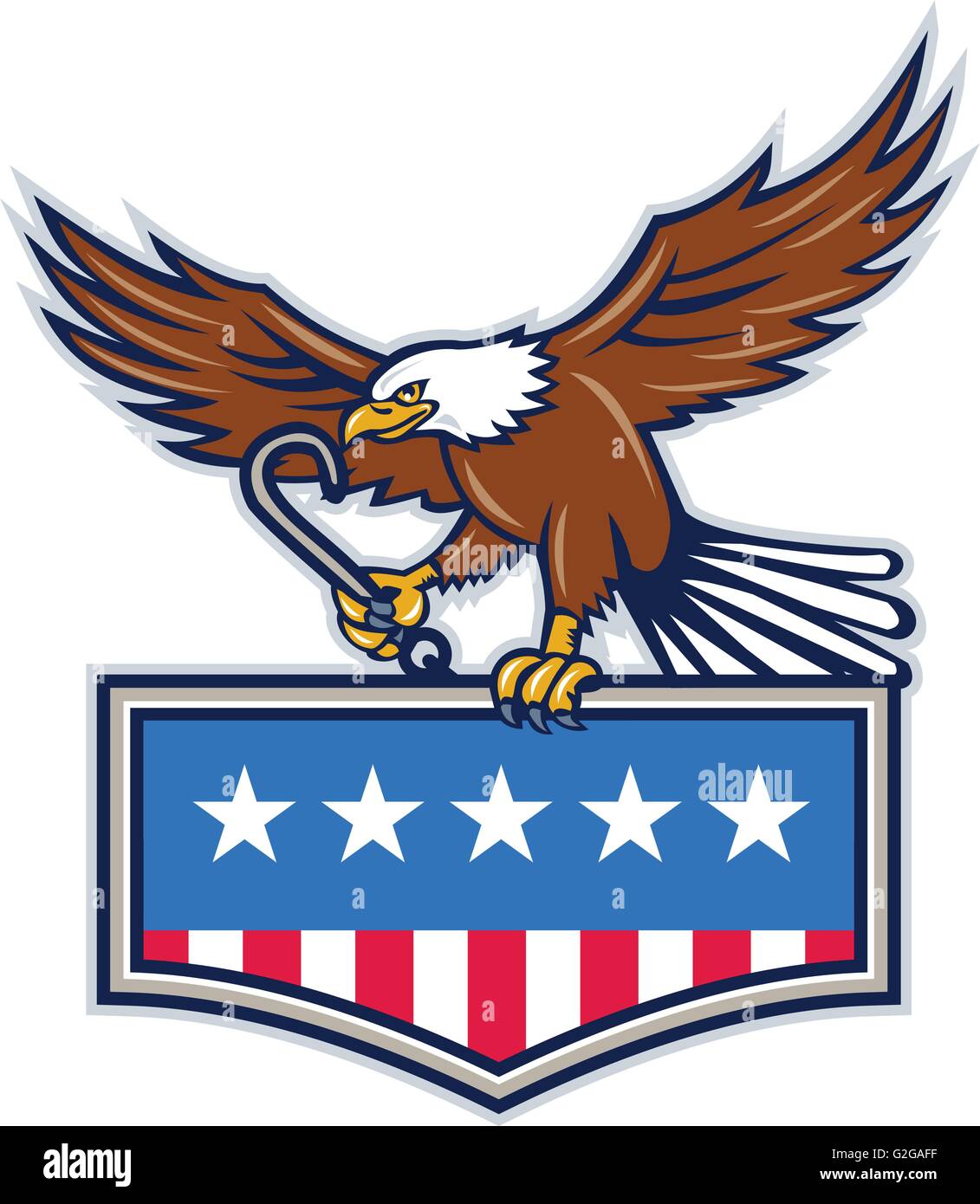 Ilustración de un águila calva americana manteniendo el remolque j gancho y  embrague usa la bandera americana dentro de la protección crest con su  talon Imagen Vector de stock - Alamy