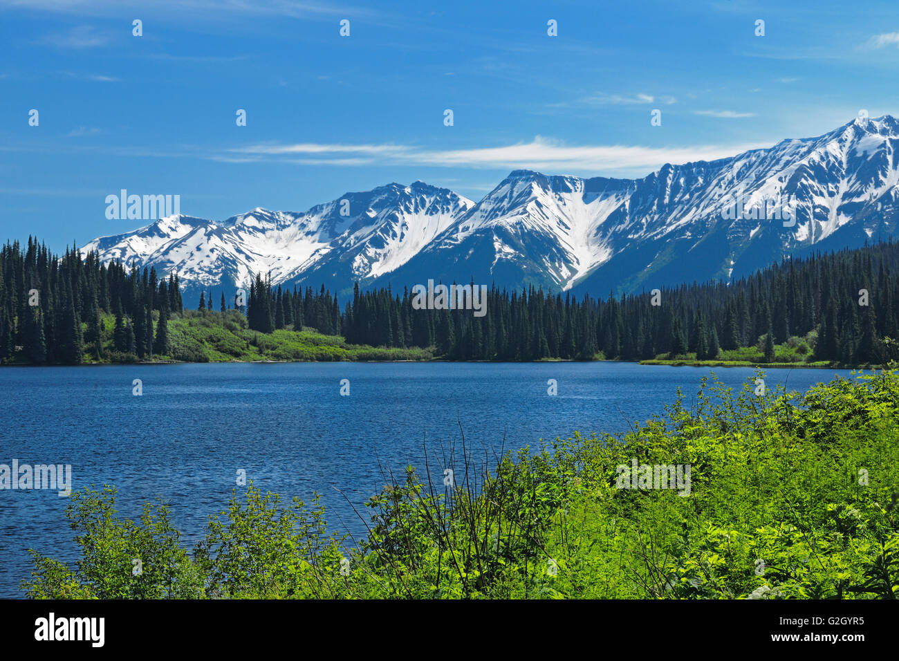 Mehan lago y las montañas de la costa Stewart-Cassiar Highway, Bell ll, British Columbia, Canadá Foto de stock