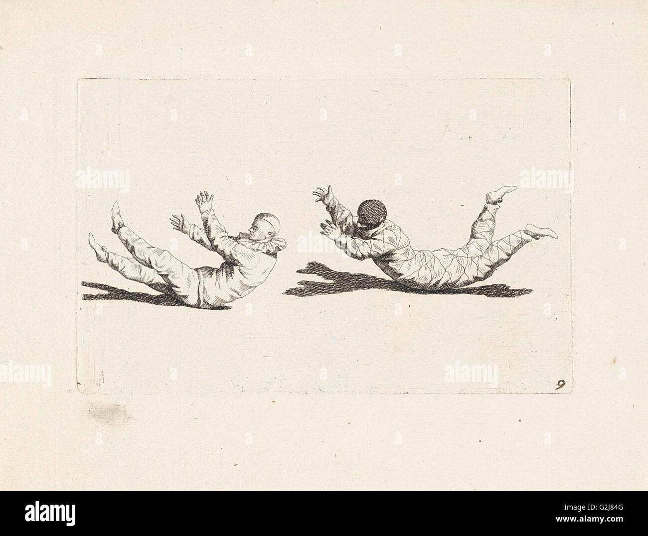 Arlequín payaso moverse sin usar sus brazos y piernas, Gerardus Josefo, Pieter Xavery Schenk (II), 1728 Foto de stock