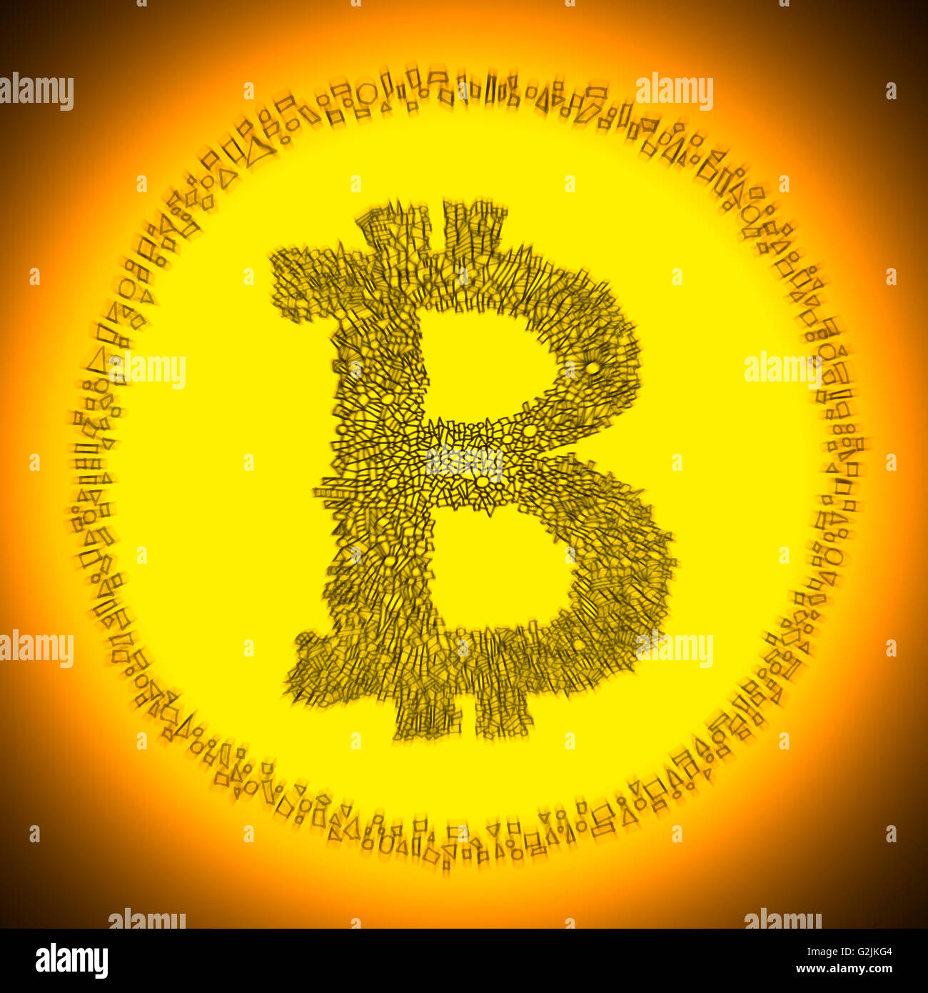 Ilustración Bitcoin radiantes doradas. El logo de una moneda moneda digital crypto descentralizada. Foto de stock