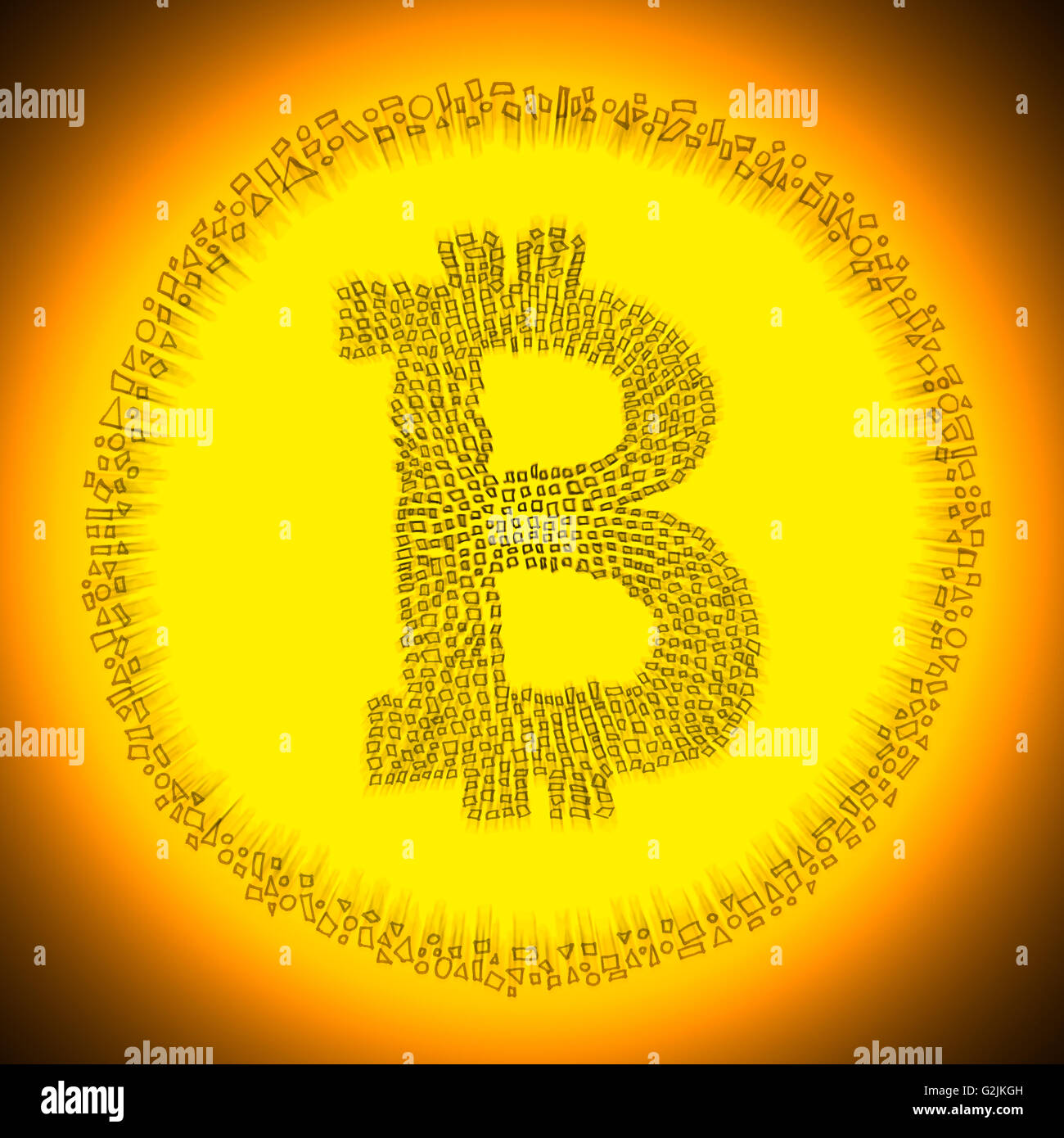 Golden radiante Blockchain Bitcoin logotipo tecnología digital. Ilustración de una moneda electrónica descentralizada crypto moneda. Foto de stock