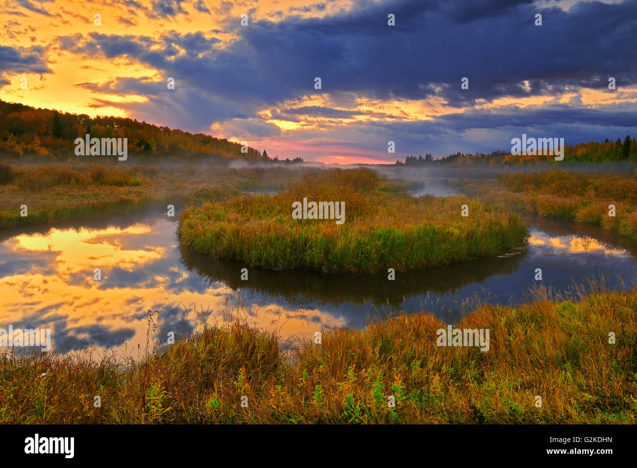 Amanecer en Río Sppuce refleja en otoño Prince Albert National Park Saskatchewan Canadá Foto de stock