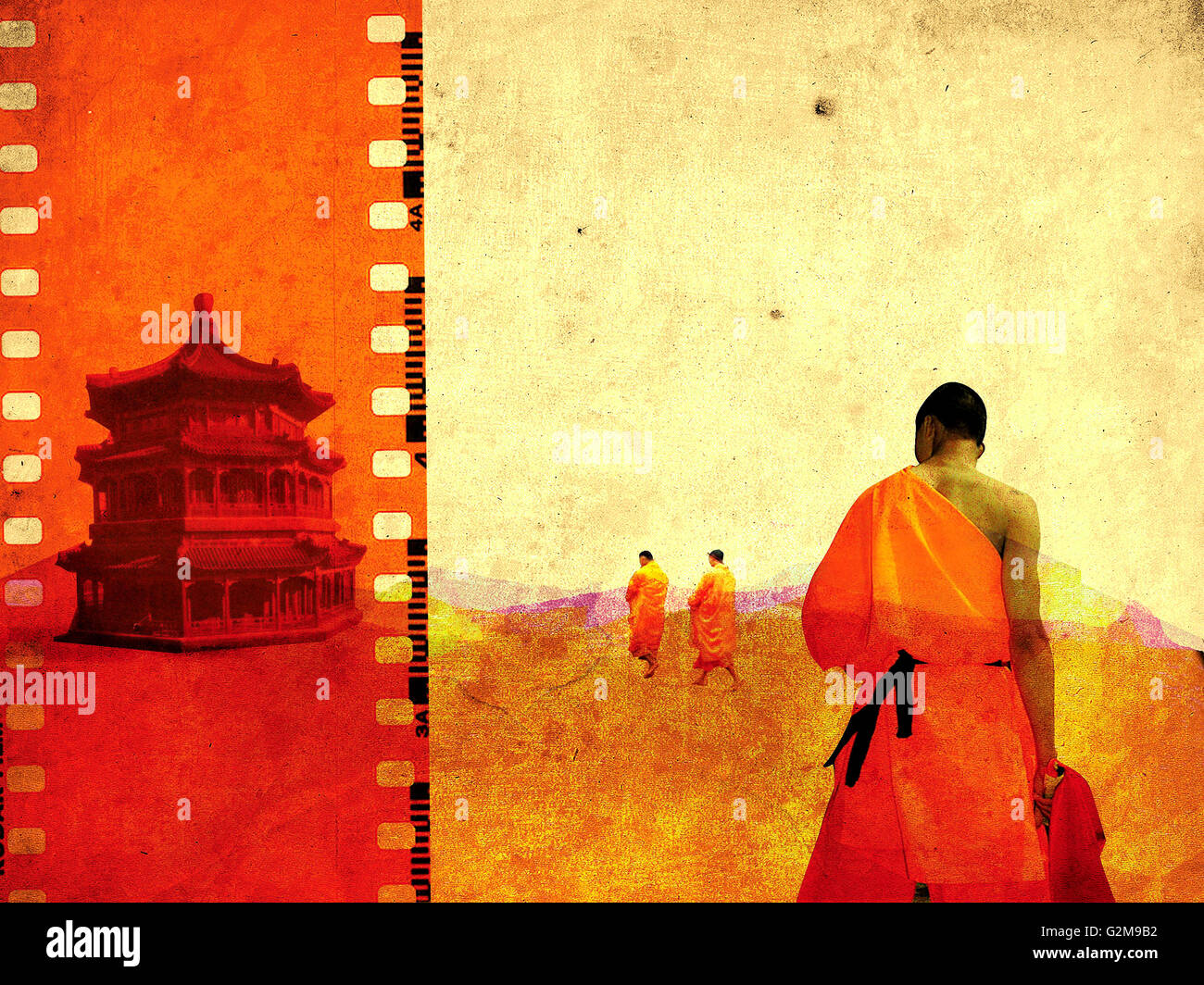 Los monjes budistas y la pagoda Foto de stock