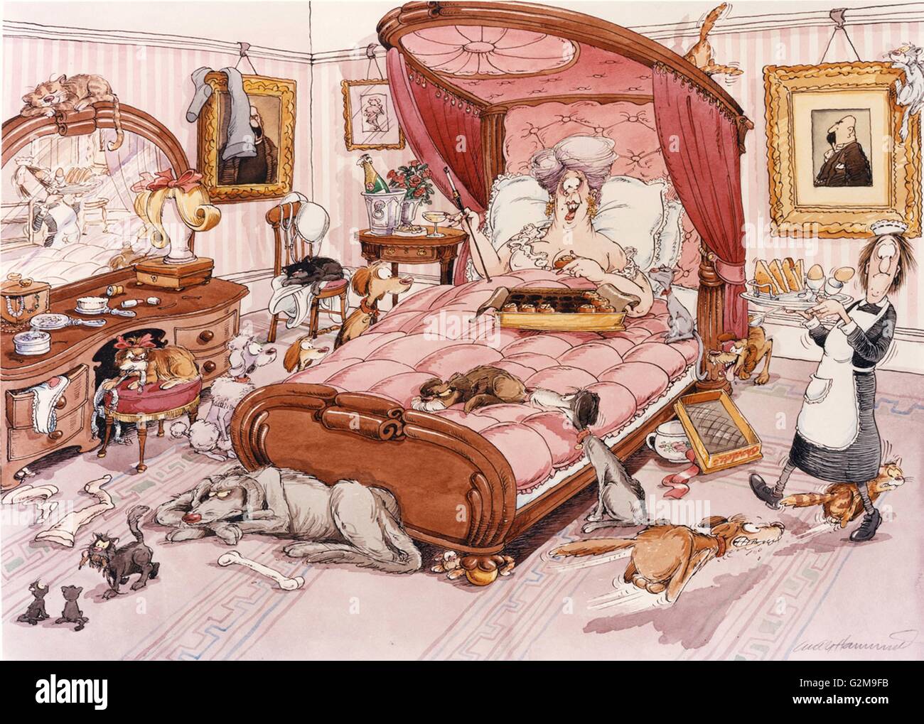 Maid llevar el desayuno a la mujer que acostarse en la cama en la  habitación llena de animales Fotografía de stock - Alamy