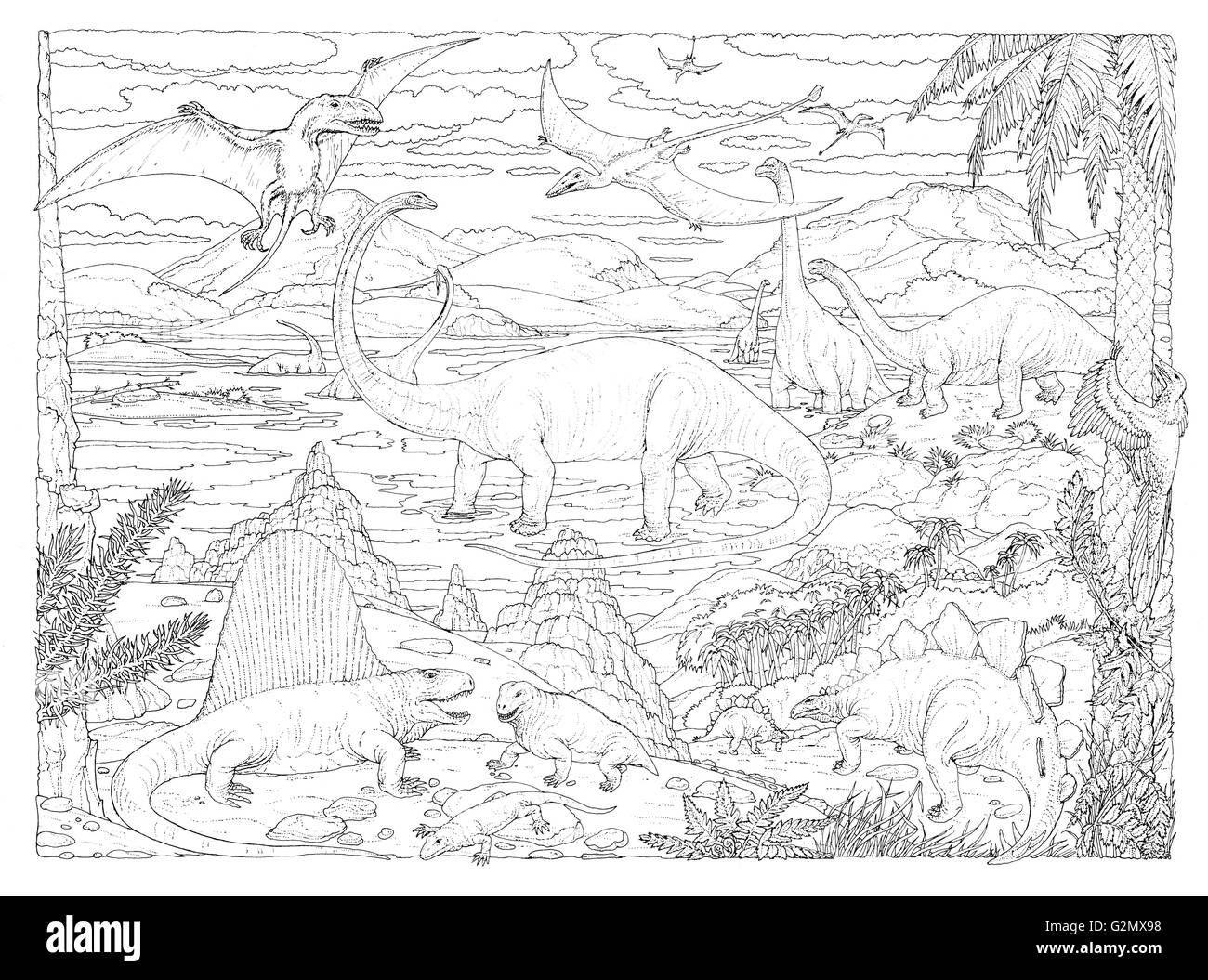 Escena de animales prehistóricos (negro sobre blanco el dibujo). Foto de stock