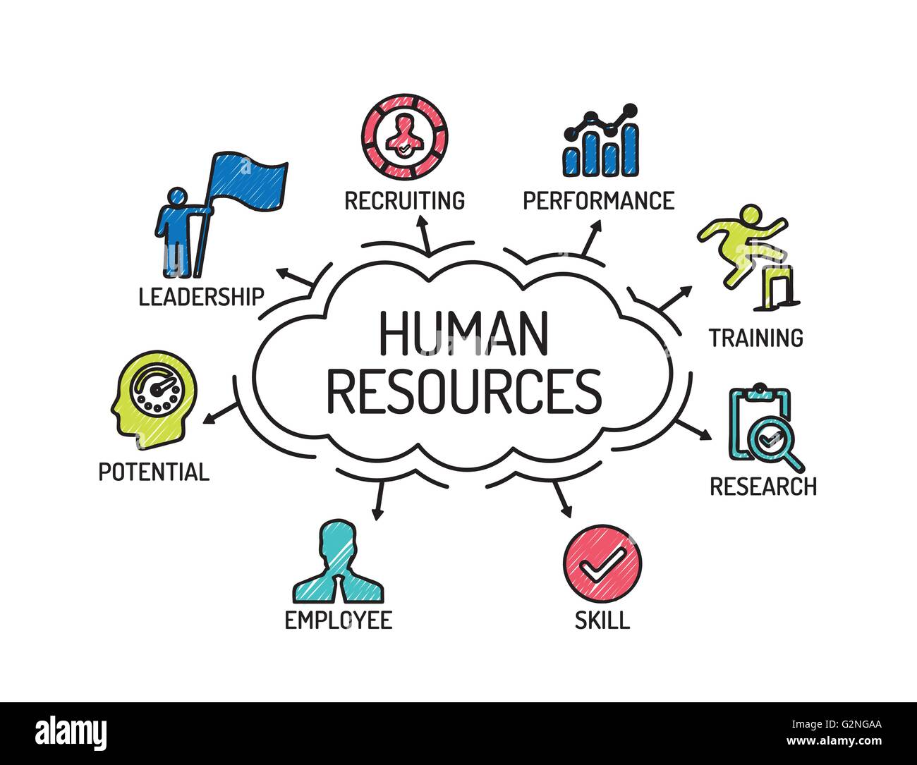 Los recursos humanos. Gráfico con iconos y palabras clave. Sketch Ilustración del Vector