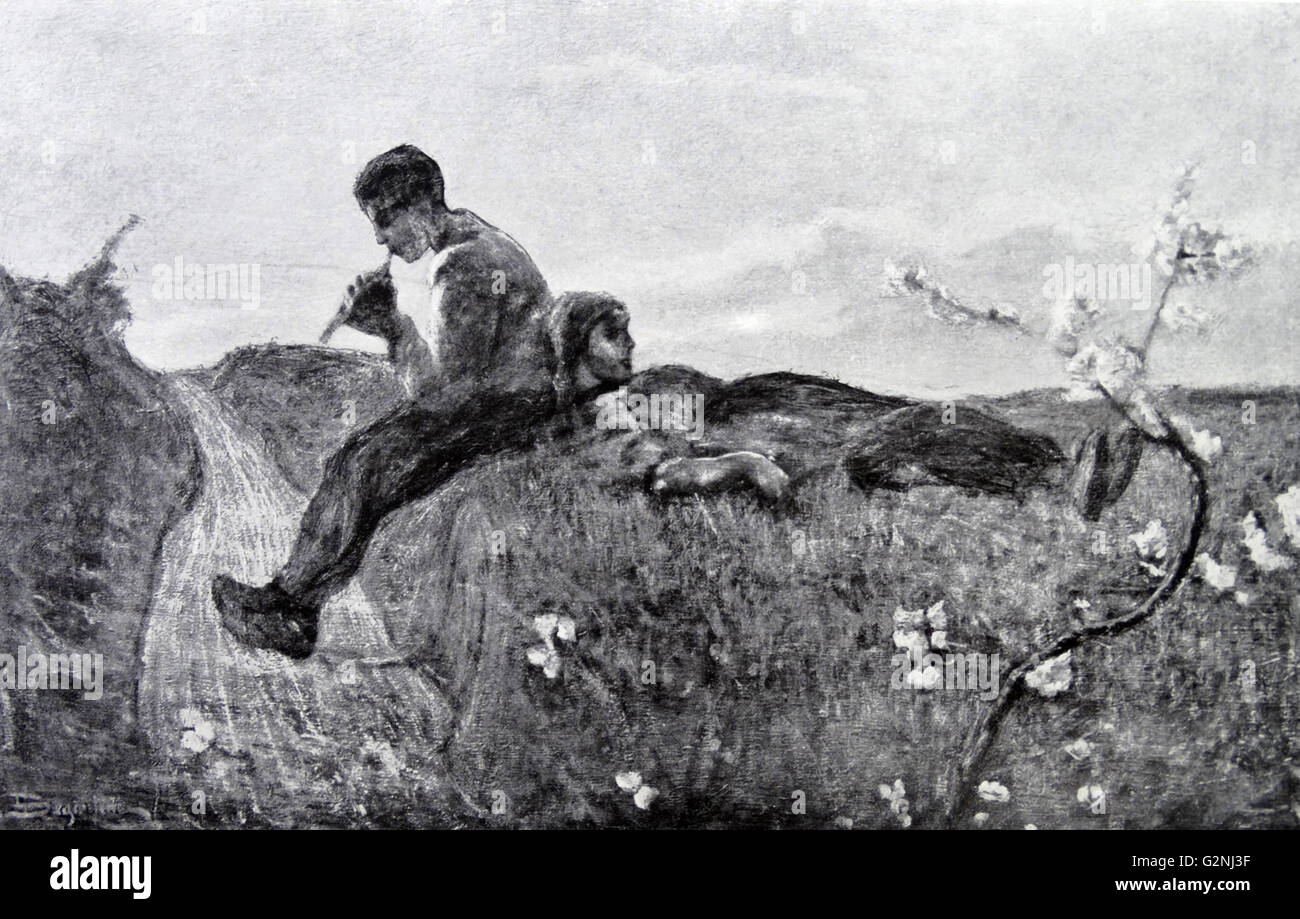Idillio idilio, 1885. Pintura al óleo por Giovanni Segatini(1858-1899),  pintor italiano conocido por sus grandes paisajes pastorales de los Alpes.  En etapas posteriores de la vida combinó un divisionismo pintura simbolista  estilo