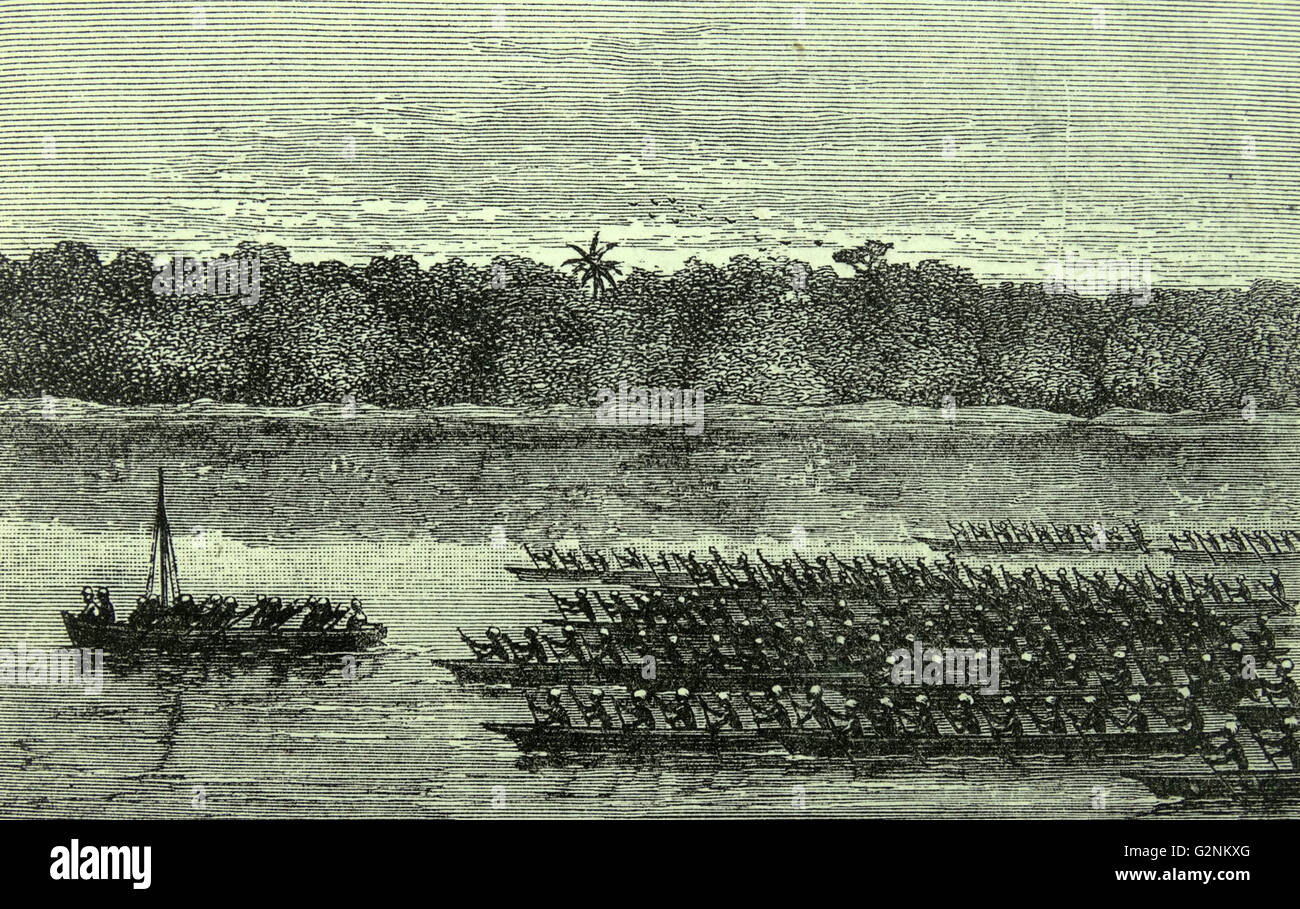 Stanley's canoas desde Vinya Njara. Henry Morton Stanley (1841-1904) fue el primer explorador europeo de una de las regiones más inhóspitas de África ecuatorial -la región que rodea el río Congo. Sir Henry Morton Stanley GCB, nacido John Rowlands (28 de enero de 1841 - 10 de mayo de 1904) fue un explorador y periodista galés famoso por su exploración del África central y su búsqueda del explorador y misionero David Livingstone Foto de stock