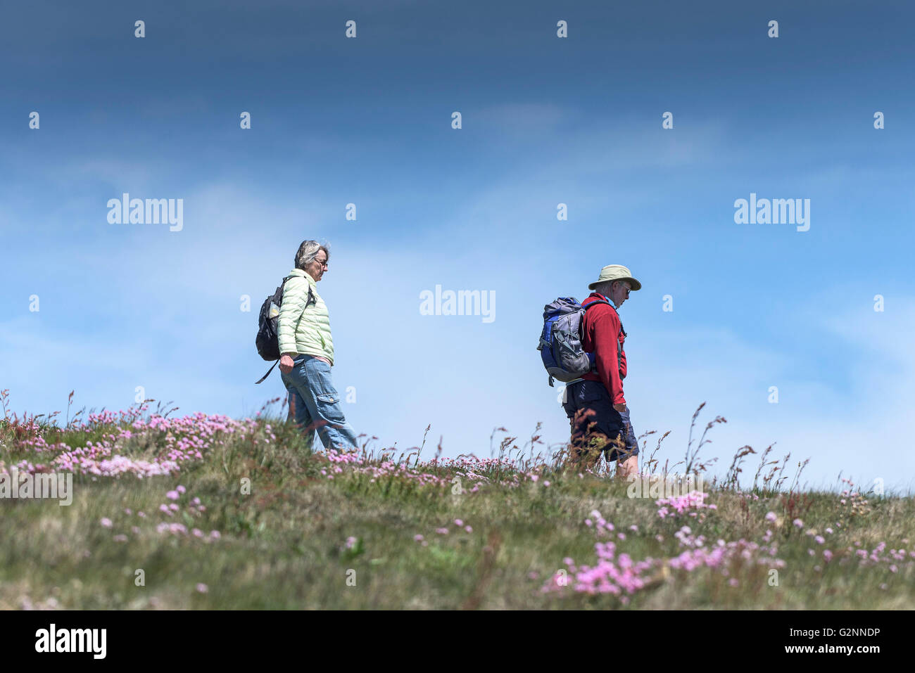Tiempo soleado como dos personas caminan sobre Timor Pentire cabecero en Newquay, Cornwall. Foto de stock