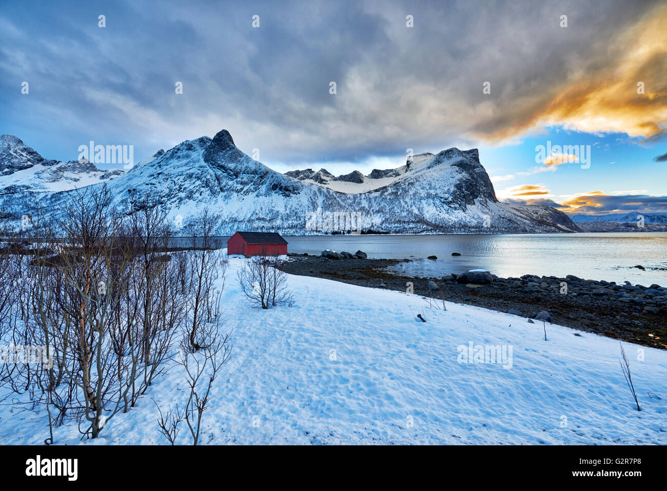 Paisaje invernal de Bergsfjorden, Senja, Skaland, Troms, Noruega, Europa Foto de stock
