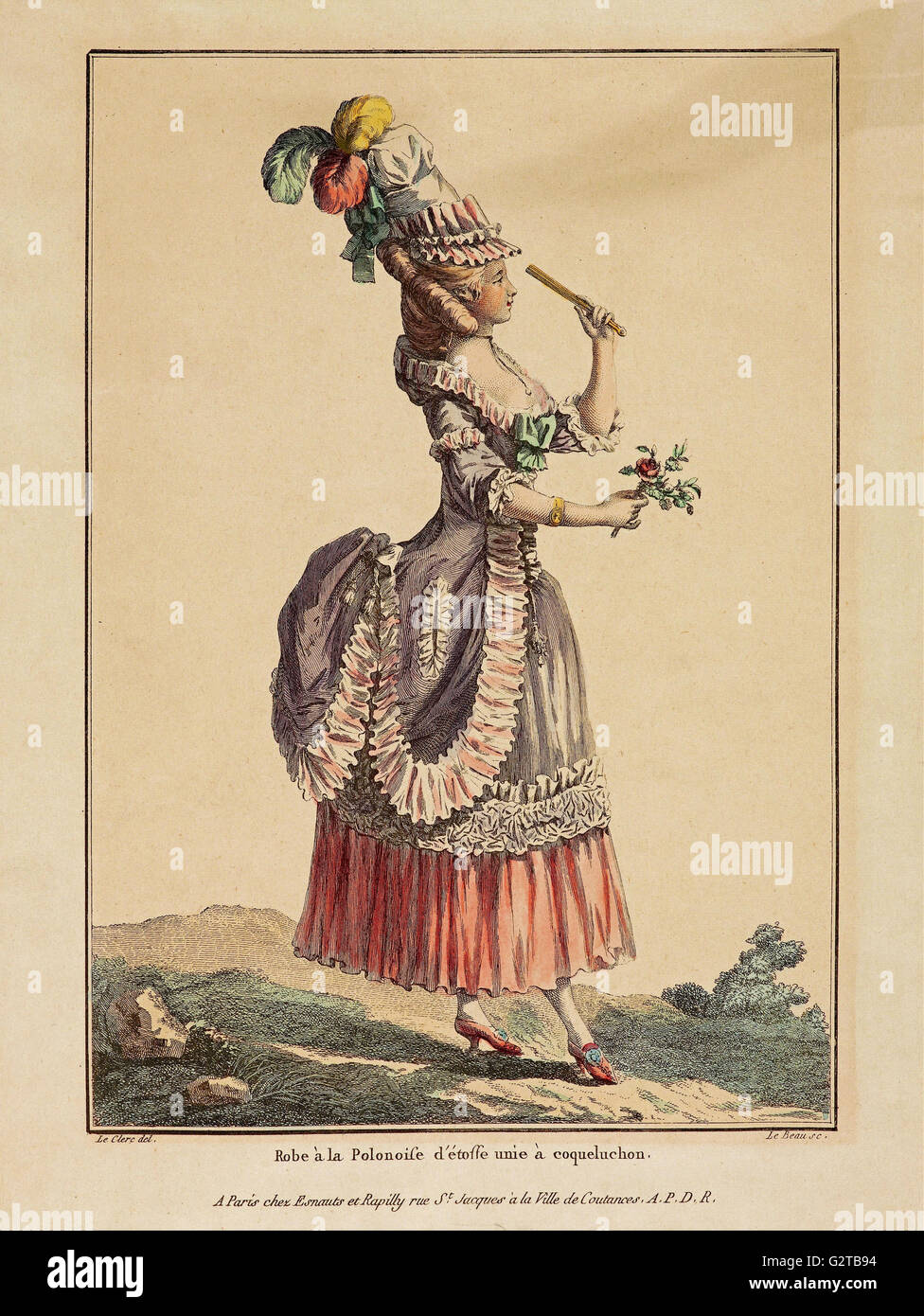 La Gallerie des Modes; Le Clerc; Dupin - impresión; de color grabado - Robe un Poloniose d'etoffe unie - Foto de stock