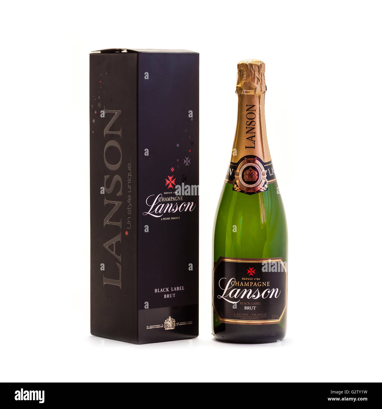 Botella de Lanson Black Label Brut Champagne con caja de regalo. Lanson fue fundada en 1760 por un juez, François Delamotte. Foto de stock