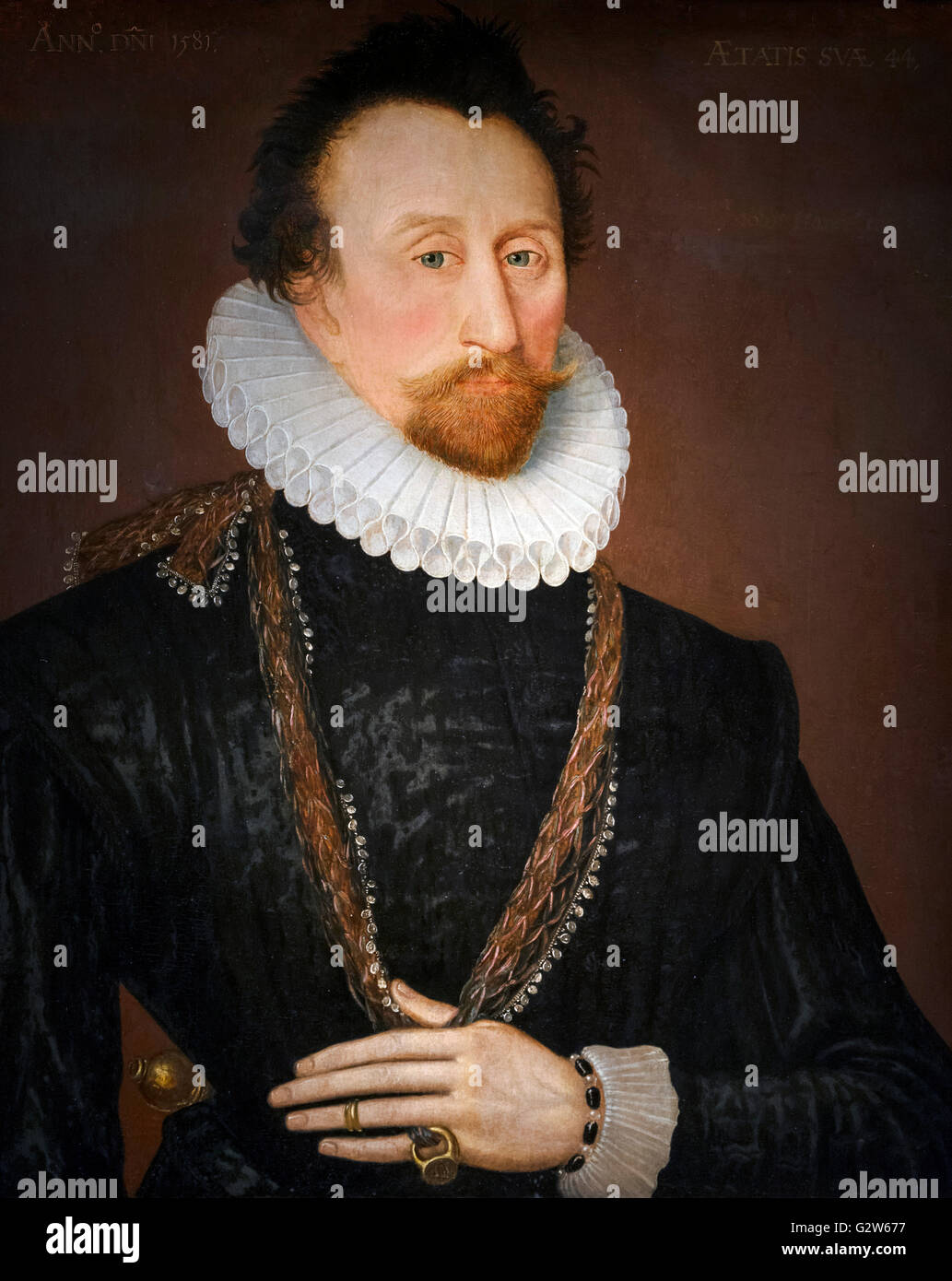 El Almirante Sir John Hawkins (1532-1595), un comandante naval inglés, el primer comerciante de esclavos inglés y un exitoso comerciante. Retrato, óleo sobre lienzo, escuela de inglés, 1581. Foto de stock