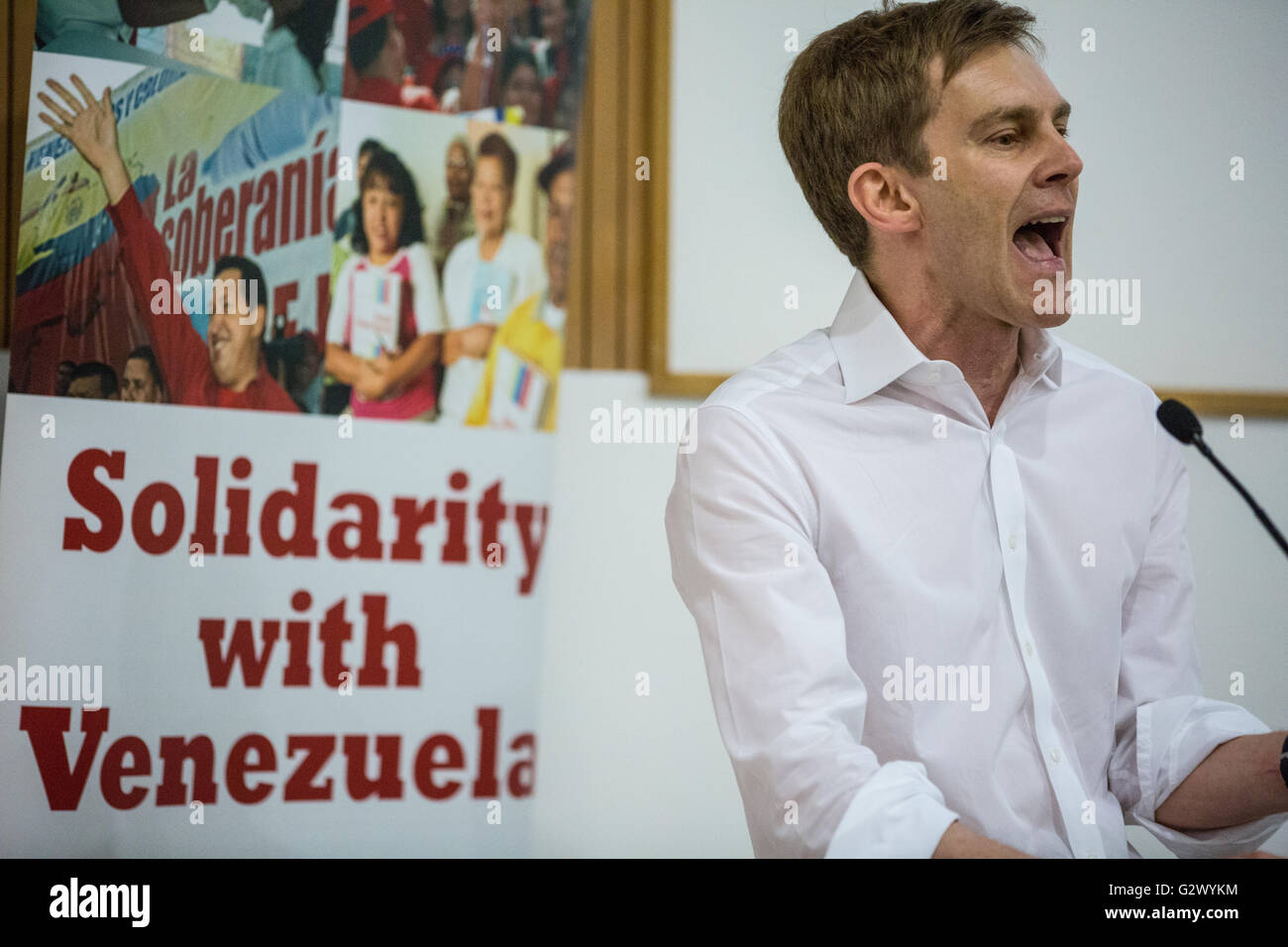 Londres, Reino Unido. El 4 de junio de 2015. Seumas Milne habla en un mitin de Venezuela para celebrar los 10 años de la Campaña de Solidaridad con Venezuela. Foto de stock