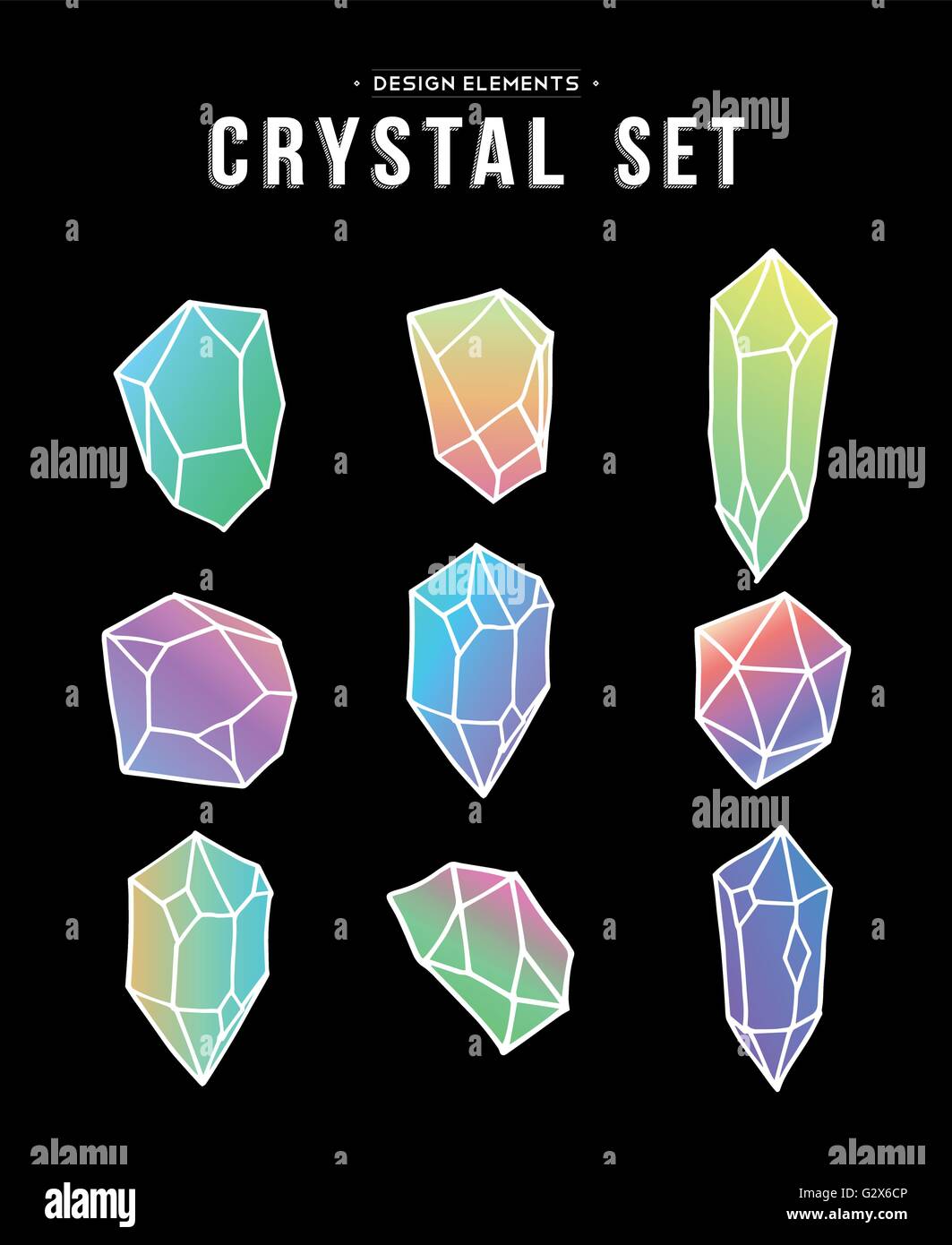 Conjunto de 80s estilo colorido crystal piedras minerales elementos en suaves colores pastel, simple diamond rock iconos dibujados a mano Ilustración del Vector