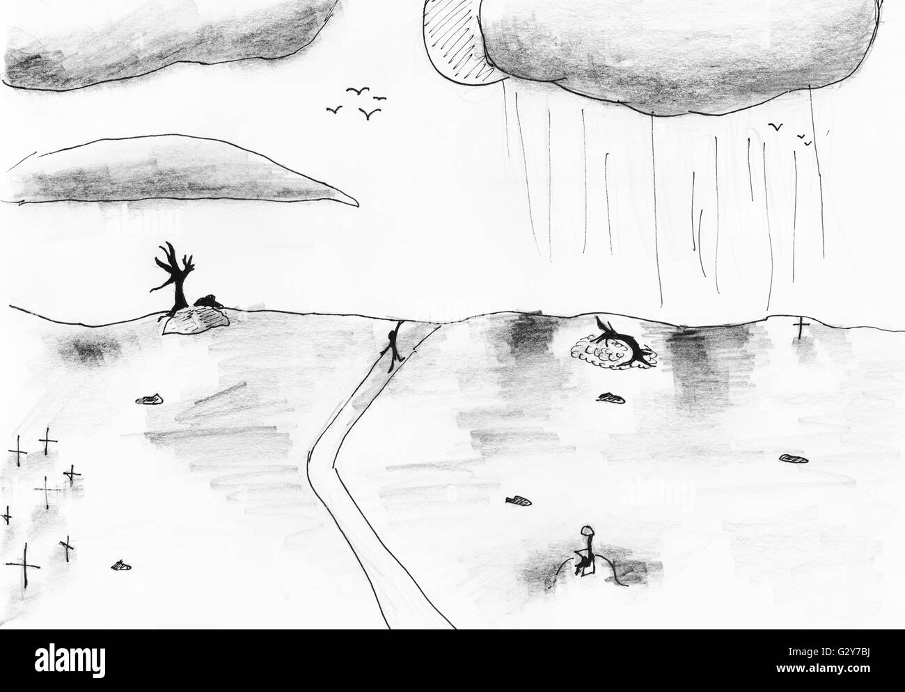 Dibujo del niño - blanco y negro paisaje de tierra arrasada de dibujo a  mano alzada con lápiz y bolígrafo negro Fotografía de stock - Alamy