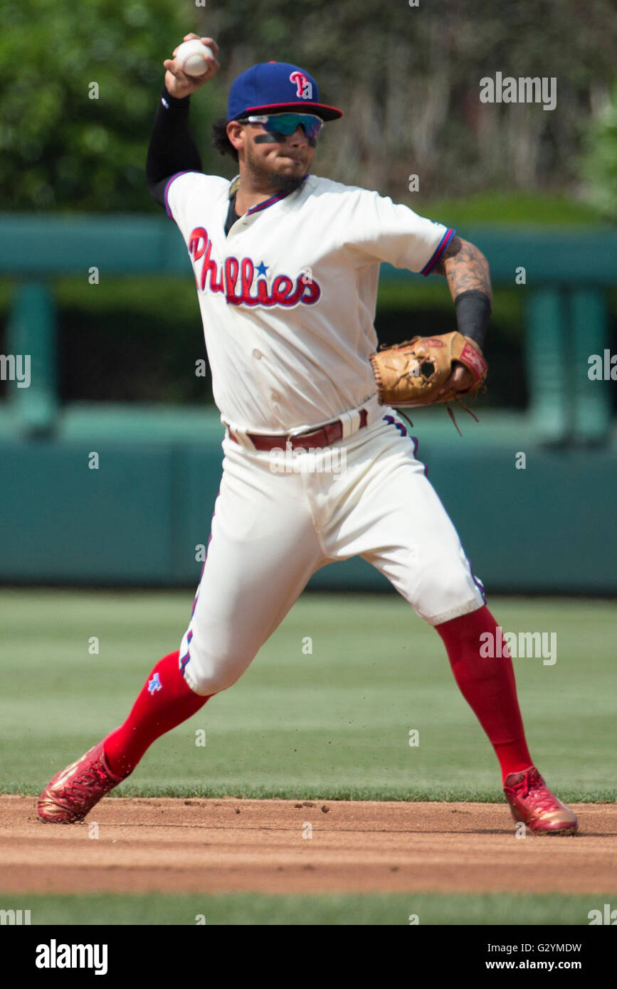 Philadelphia Phillies shortstop Freddy Galvis (13) prepares for the game  against the Colorado Rockies, July 10, 2016 in Denver. (Margaret Bowles via  AP Images Stock Photo - Alamy