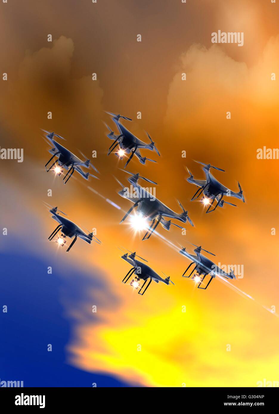 Drones volando en el cielo, la ilustración. Foto de stock