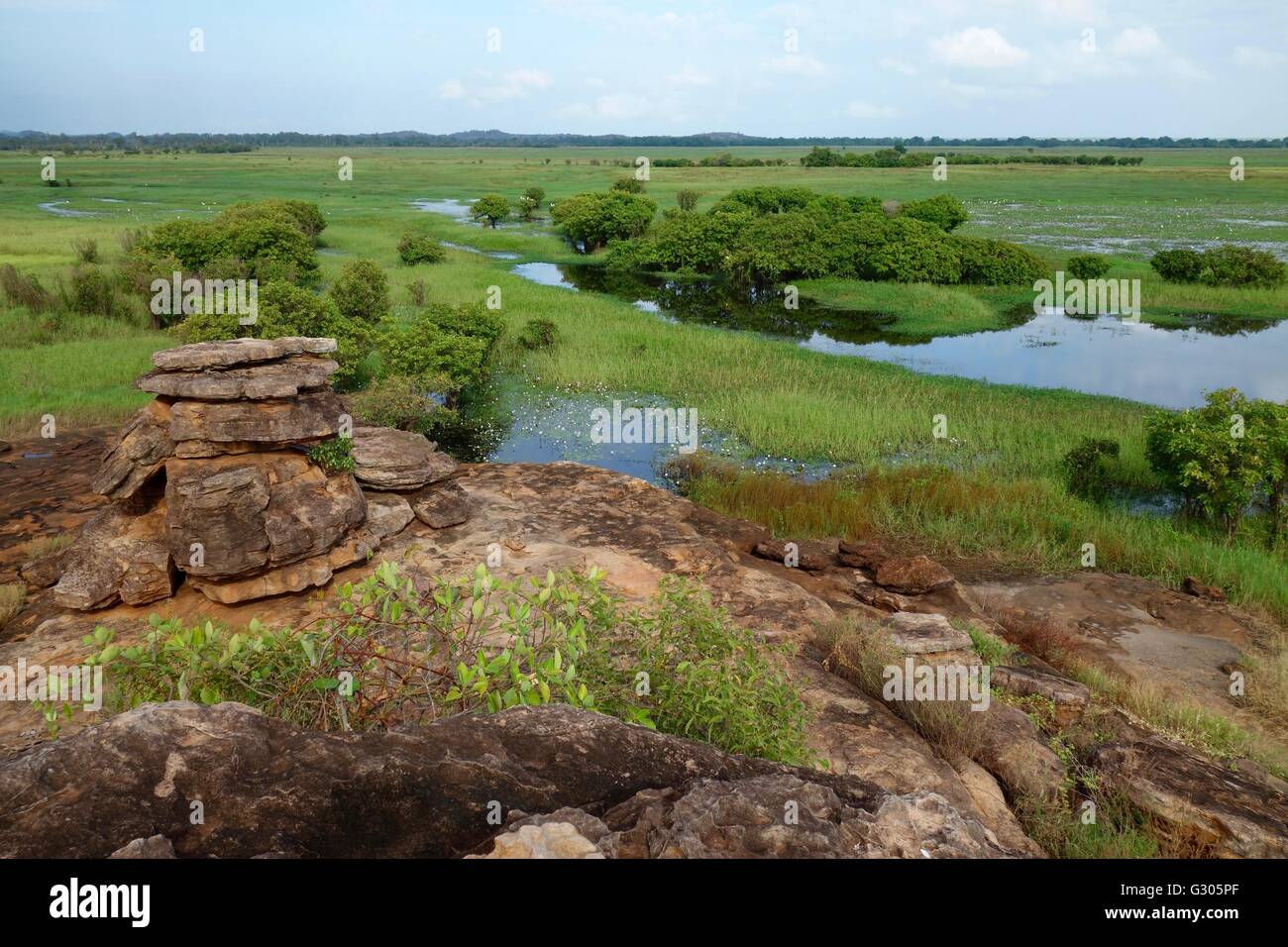 Vista de las llanuras aluviales y los humedales cerca de East Alligator River en el oeste de Arnhem Land, Territorio del Norte, Australia Foto de stock