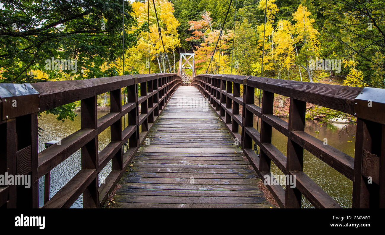 Caminata de otoño en Michigan en el North Country Trail. Puente sobre el Río Negro en el Bosque Nacional de Ottawa sobre el recuento del norte Foto de stock