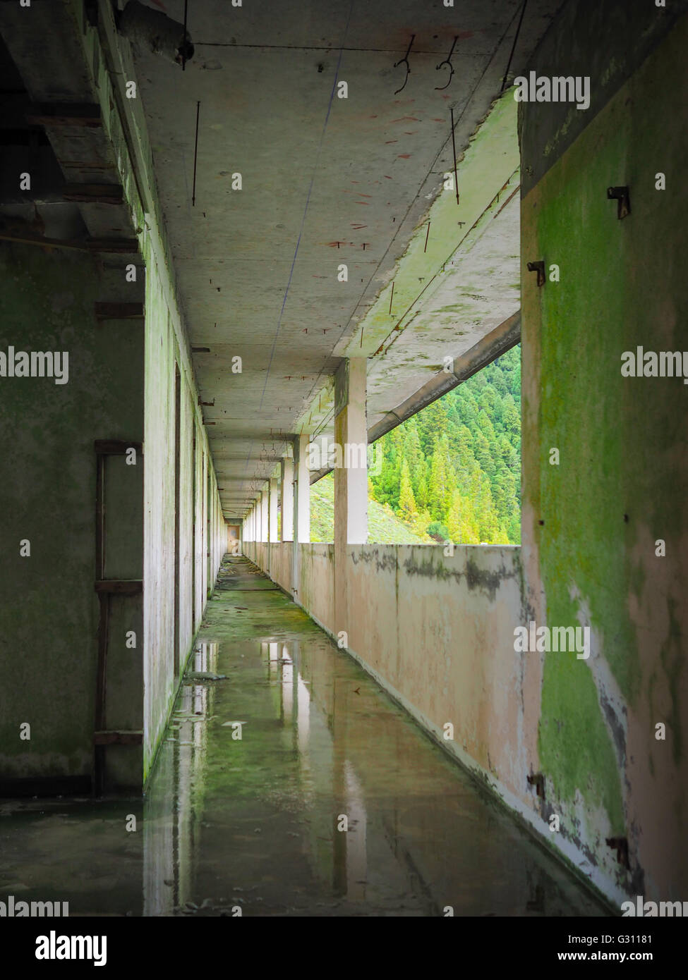 Edificio abandonado corirdor reflexionó sobre el piso inundado Foto de stock