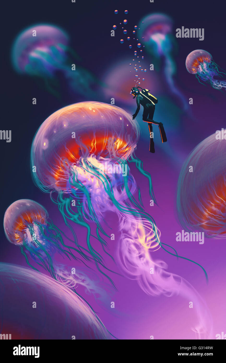 Grandes medusas y buzo en fantasía, ilustración subacuático Foto de stock