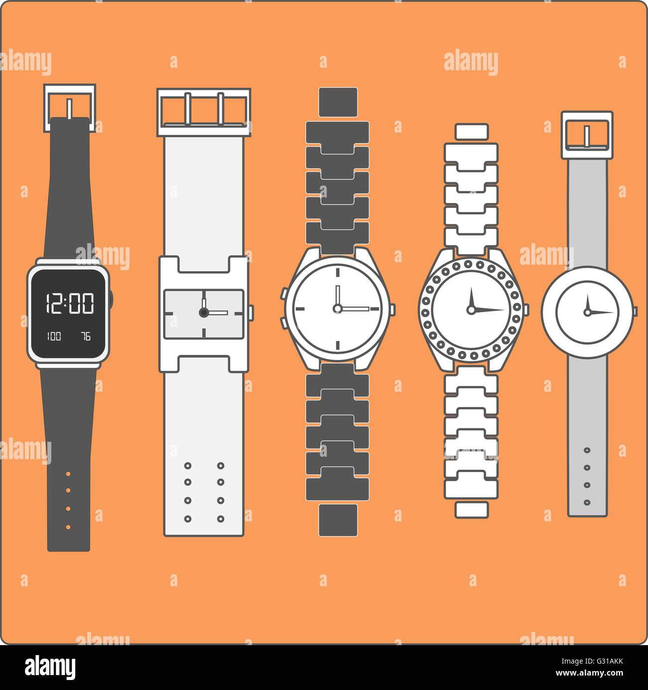 Vector. Conjunto de relojes de mano. Ilustración aislada. Gama de reloj de  mano masculinos y femeninos Imagen Vector de stock - Alamy