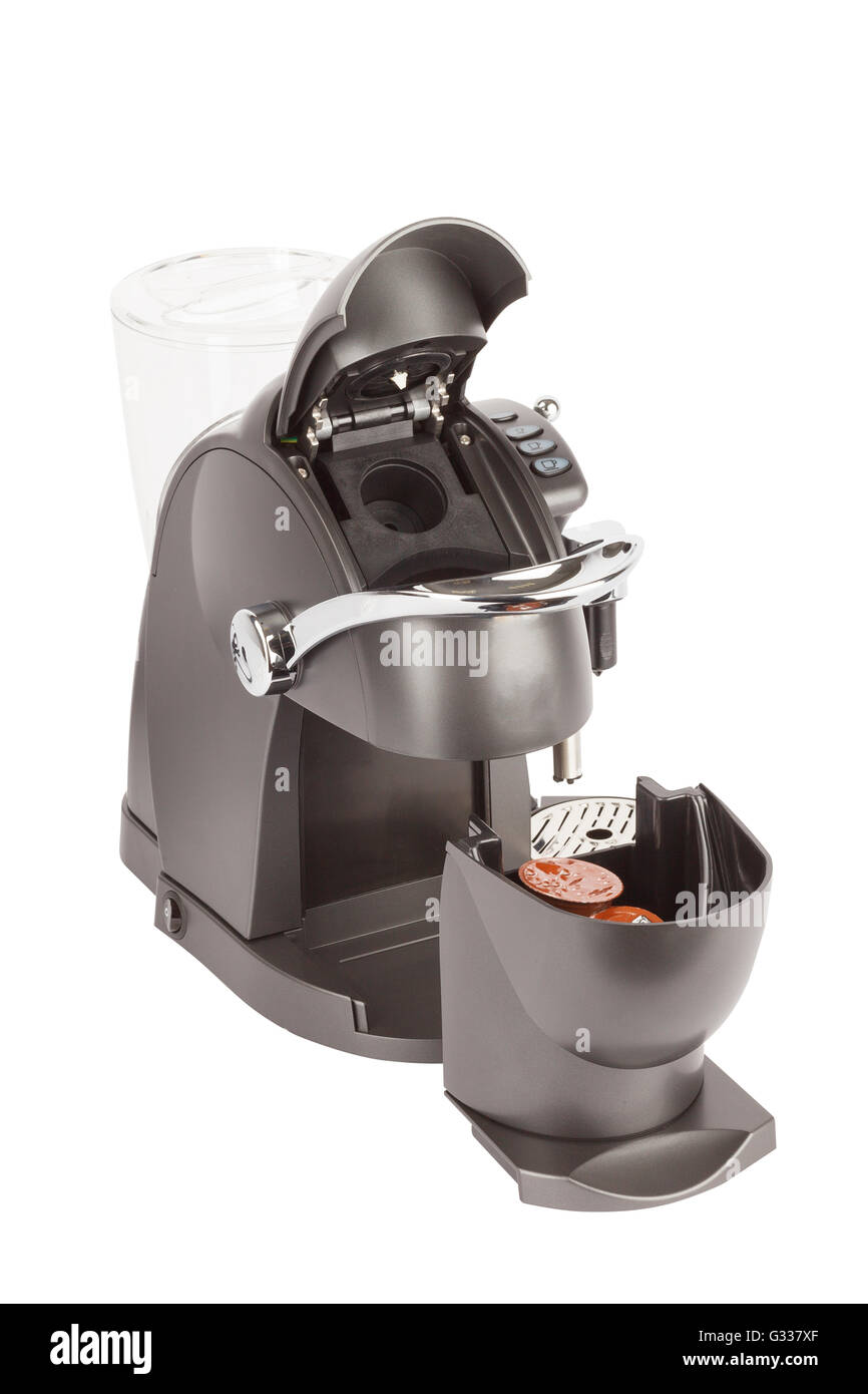 Cápsula espresso cafetera o máquina de café. Vista lateral. Aislado sobre fondo blanco. Foto de stock