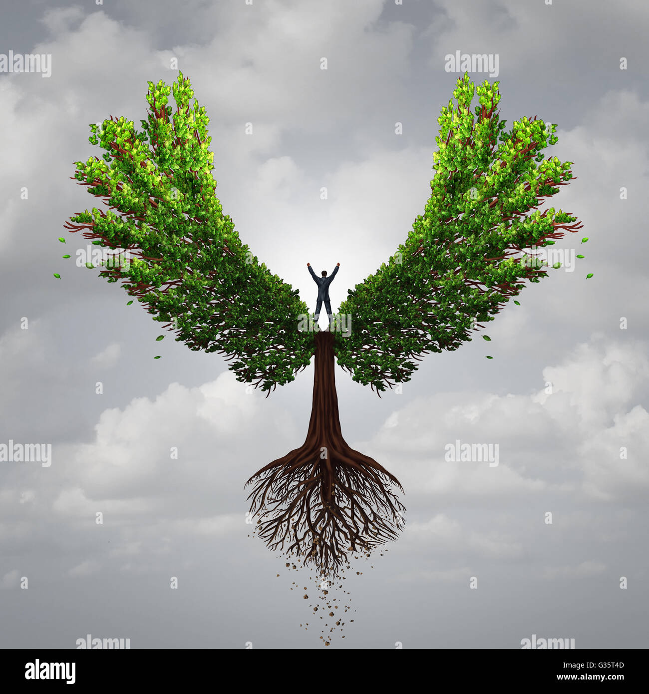 Concepto de oportunidad de controlar tu vida como una persona tomando las riendas y controlar un árbol con alas volando hacia una meta para tener éxito como un símbolo de la psicología del pensamiento positivo en un estilo de ilustración 3D. Foto de stock
