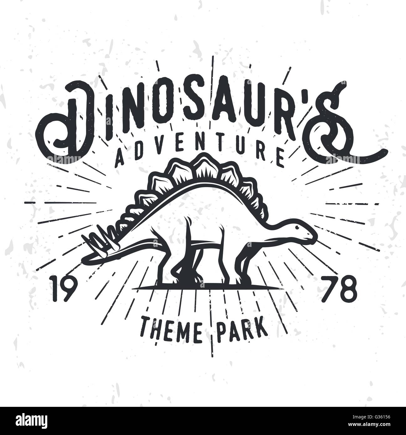 Dinosaur Adventure concepto logotipo vectorial. Stegosaurus diseño insignia del parque temático. Período jurásico ilustración. Vintage T-shirt insignia de Grunge antecedentes Ilustración del Vector