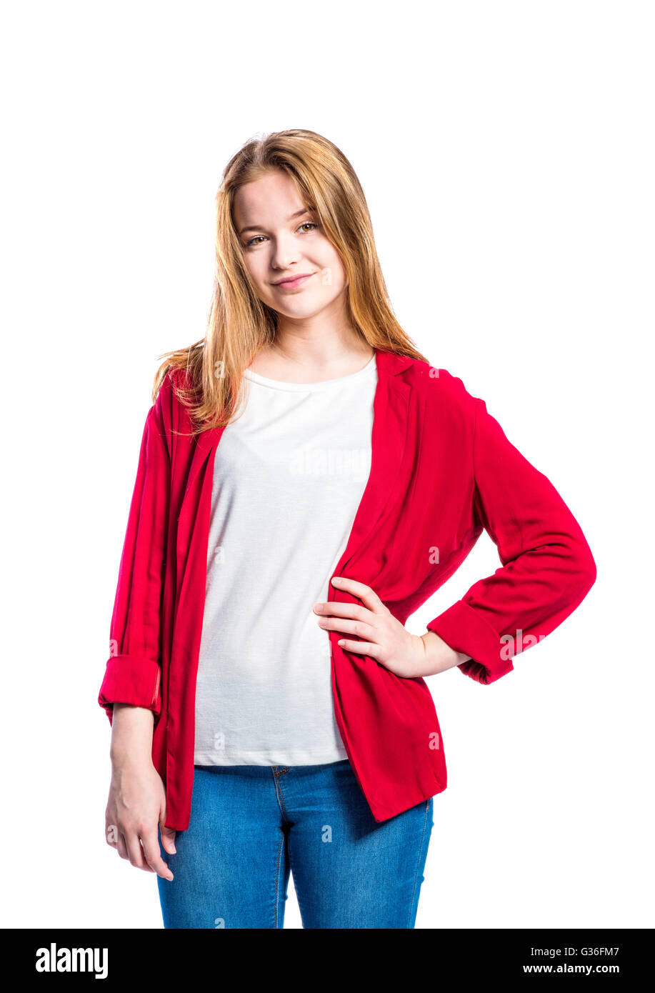 Respeto a ti mismo Posteridad Oh Chica en jeans y chaqueta roja, mujer, Foto de estudio Fotografía de stock  - Alamy