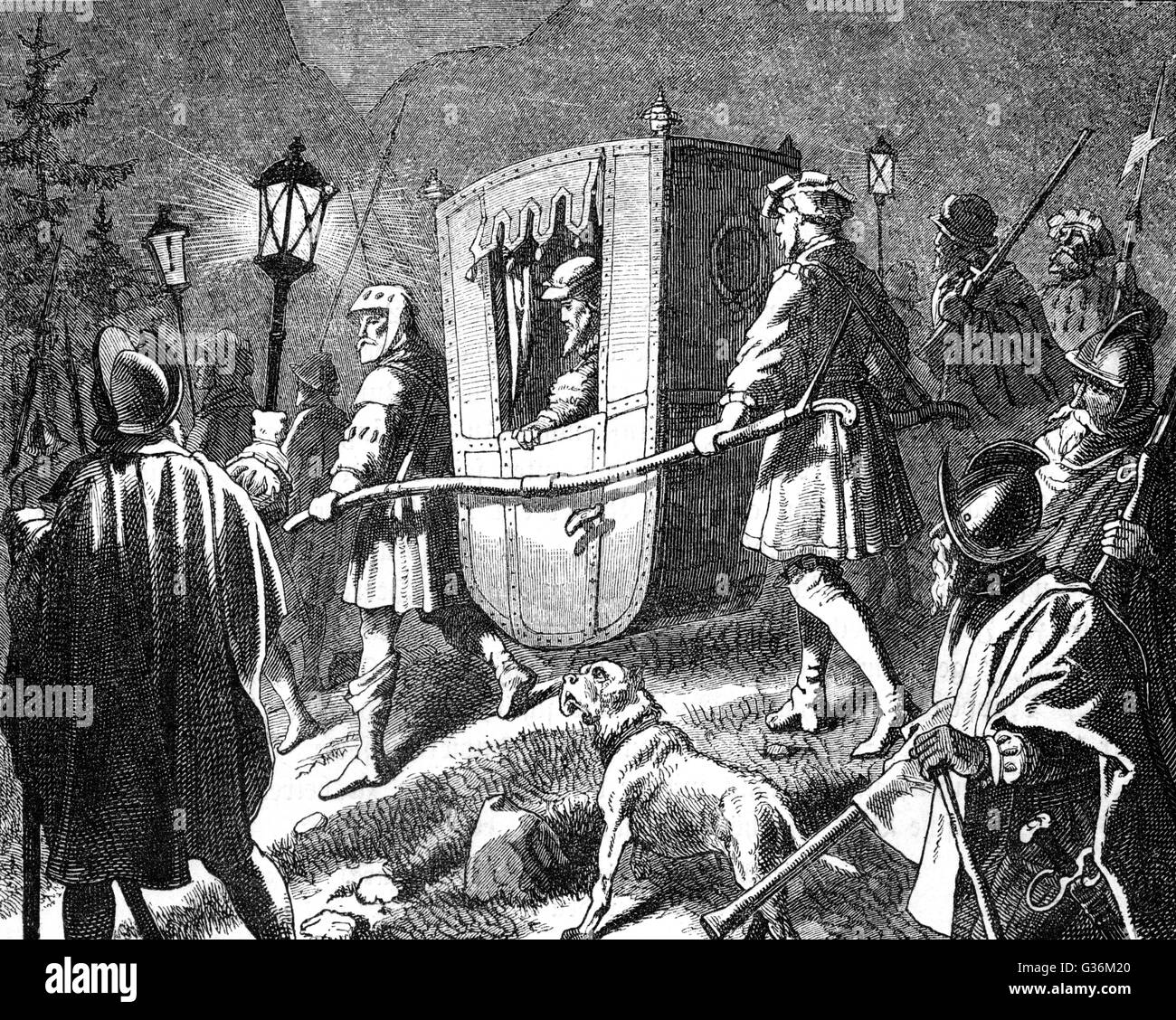 El emperador Carlos V huye de los Protestantes Fecha: circa 1547 Foto de stock