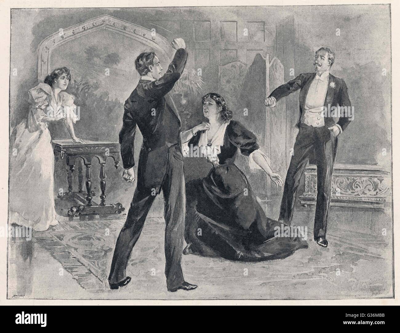 "Una mujer sin importancia" Sra. Arbuthnot (Sra. Beere) Gerald dice que el hombre trata de huelga es su propio padre (Árbol): primera producción en el Teatro Haymarket por Oscar Wilde Fecha: 1893 Foto de stock