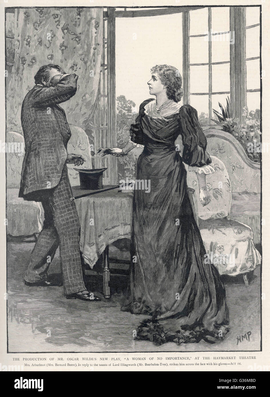 Una mujer sin importancia la Sra. Arbuthnot (Sra. Beere) huelgas Lord Illingworth (Beerbohm Tree) con sus guantes ; primera producción en el Teatro Haymarket por Oscar Wilde Fecha: 1893 Foto de stock