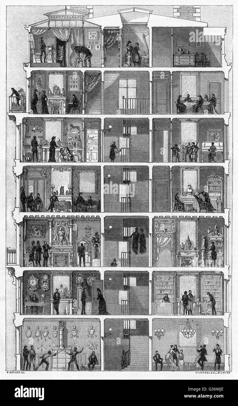 Un alto edificio de apartamentos, en París, un cut-away demostrando a la gente en los apartamentos, incluyendo una escena de esgrima 1 de 2 Fecha: circa 1880 Foto de stock