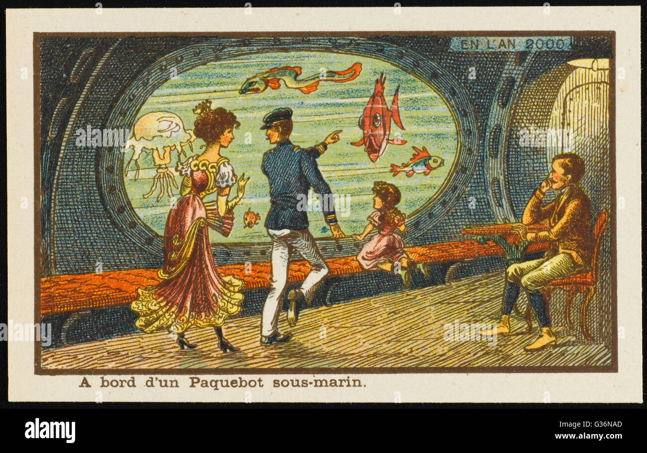Una vista al mar futurista, ya que la gente observe extrañas criaturas marinas desde la cubierta de un barco de crucero oceánico. Fecha: 1899 Foto de stock