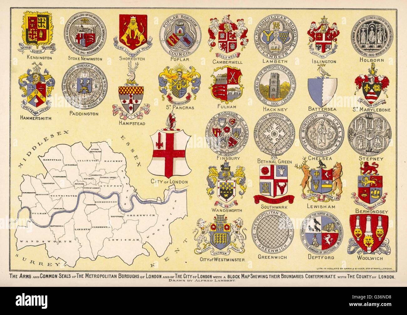 Las armas y los sellos comunes de los distritos metropolitanos de Londres y de la ciudad de Londres, con un bloque mapa mostrando sus límites. Fecha: 1903 Foto de stock